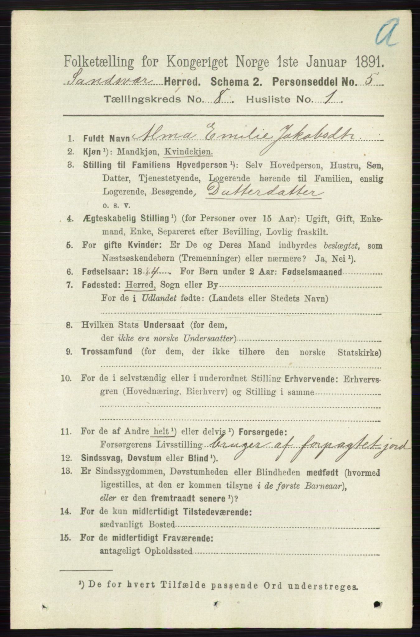 RA, 1891 census for 0629 Sandsvær, 1891, p. 4290