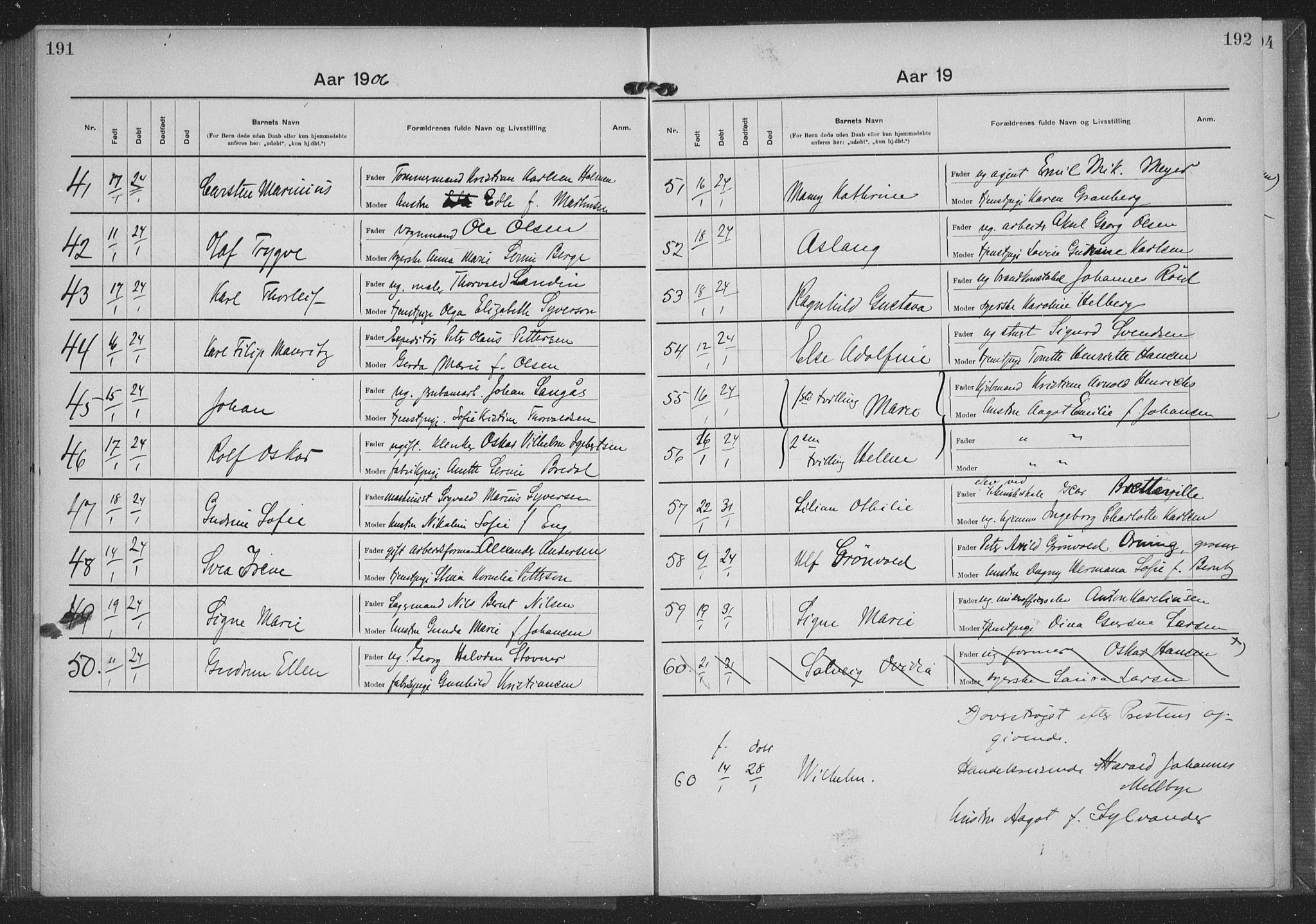 Rikshospitalet prestekontor Kirkebøker, AV/SAO-A-10309b/K/L0006/0001: Baptism register no. 6.1, 1904-1906, p. 191-192