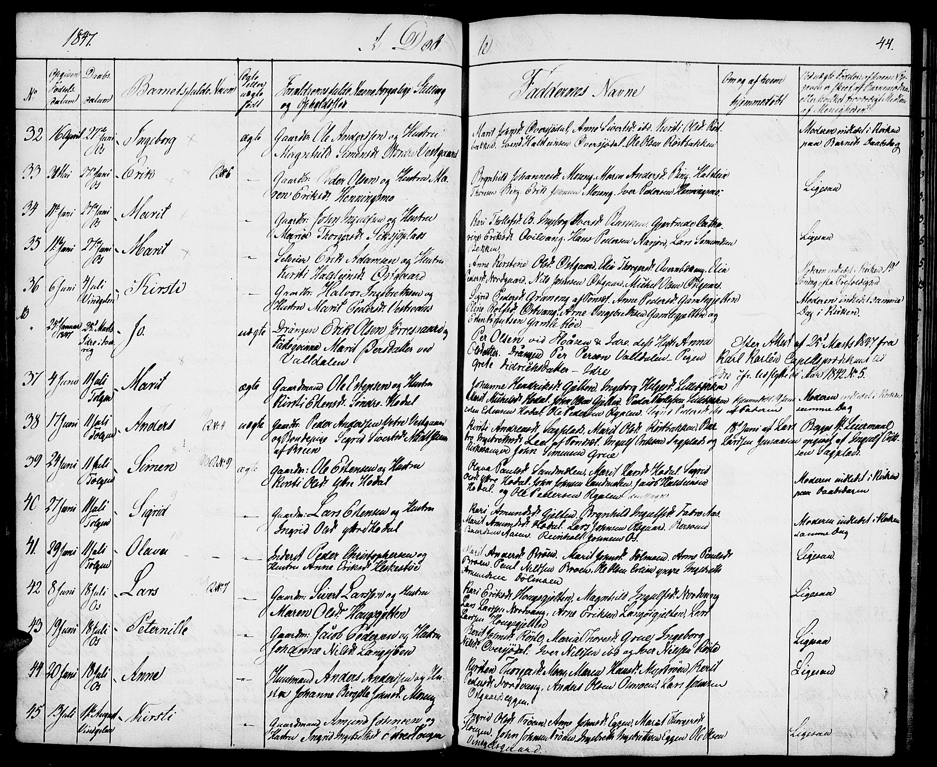 Tolga prestekontor, AV/SAH-PREST-062/K/L0005: Parish register (official) no. 5, 1836-1852, p. 44