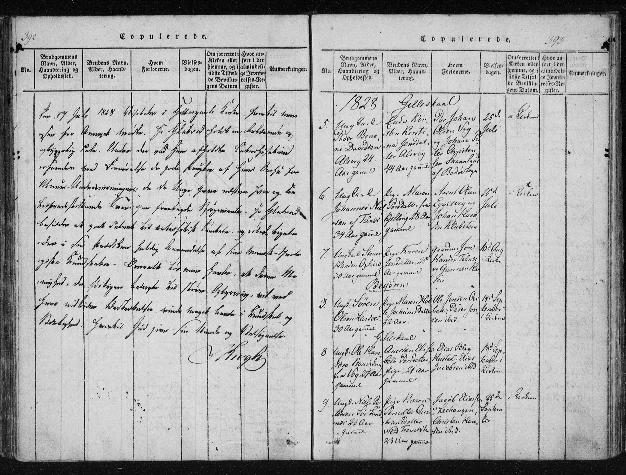 Ministerialprotokoller, klokkerbøker og fødselsregistre - Nordland, SAT/A-1459/805/L0096: Parish register (official) no. 805A03, 1820-1837, p. 392-393