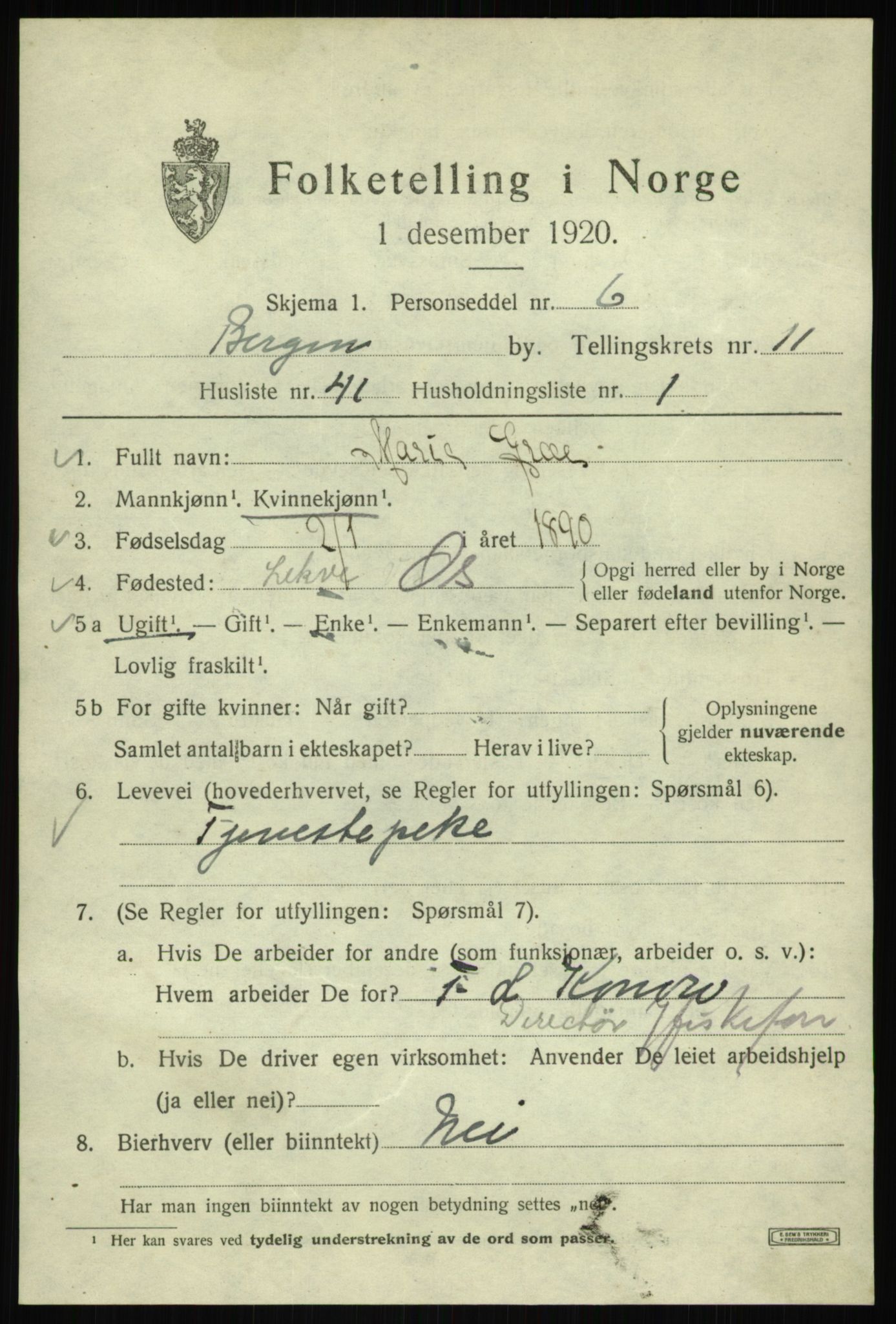 SAB, 1920 census for Bergen, 1920, p. 73496