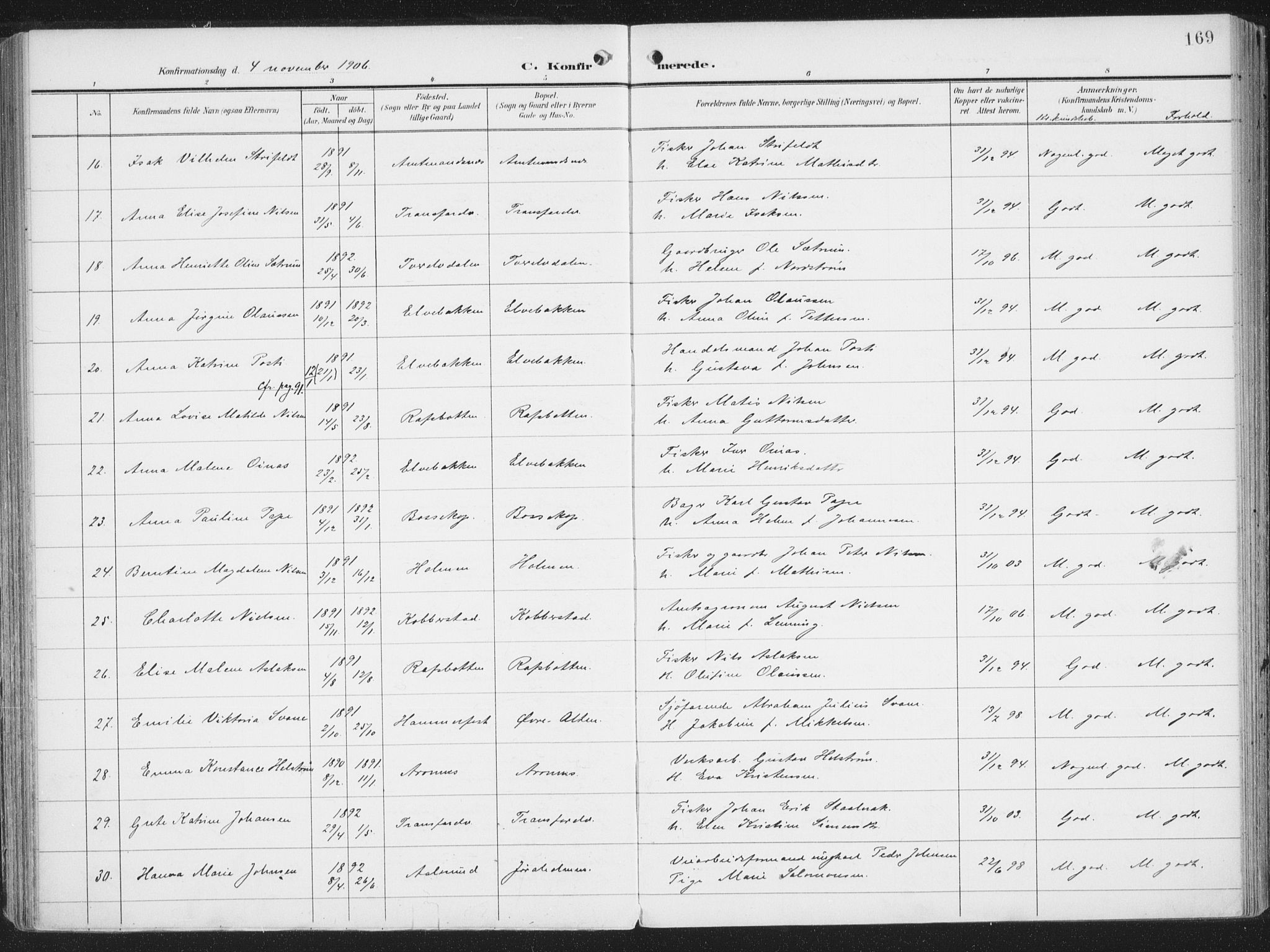 Alta sokneprestkontor, AV/SATØ-S-1338/H/Ha/L0005.kirke: Parish register (official) no. 5, 1904-1918, p. 169