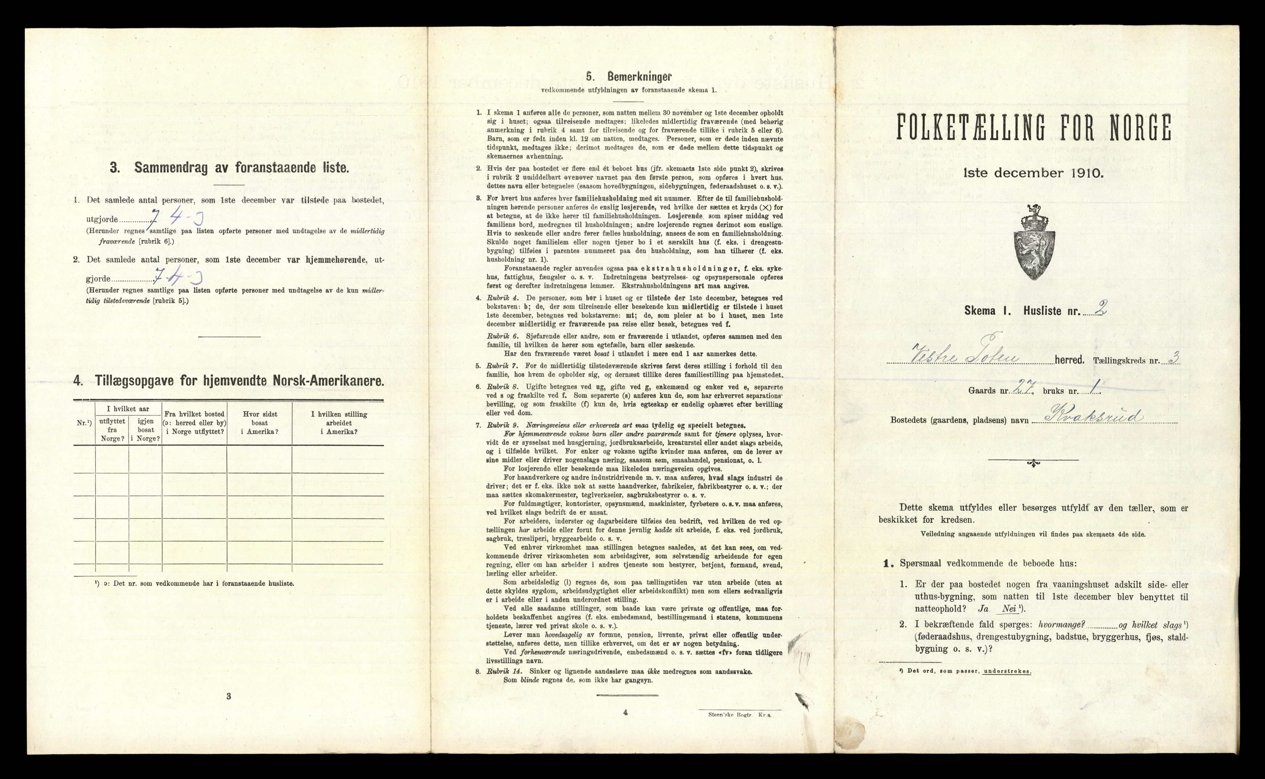 RA, 1910 census for Vestre Toten, 1910, p. 371