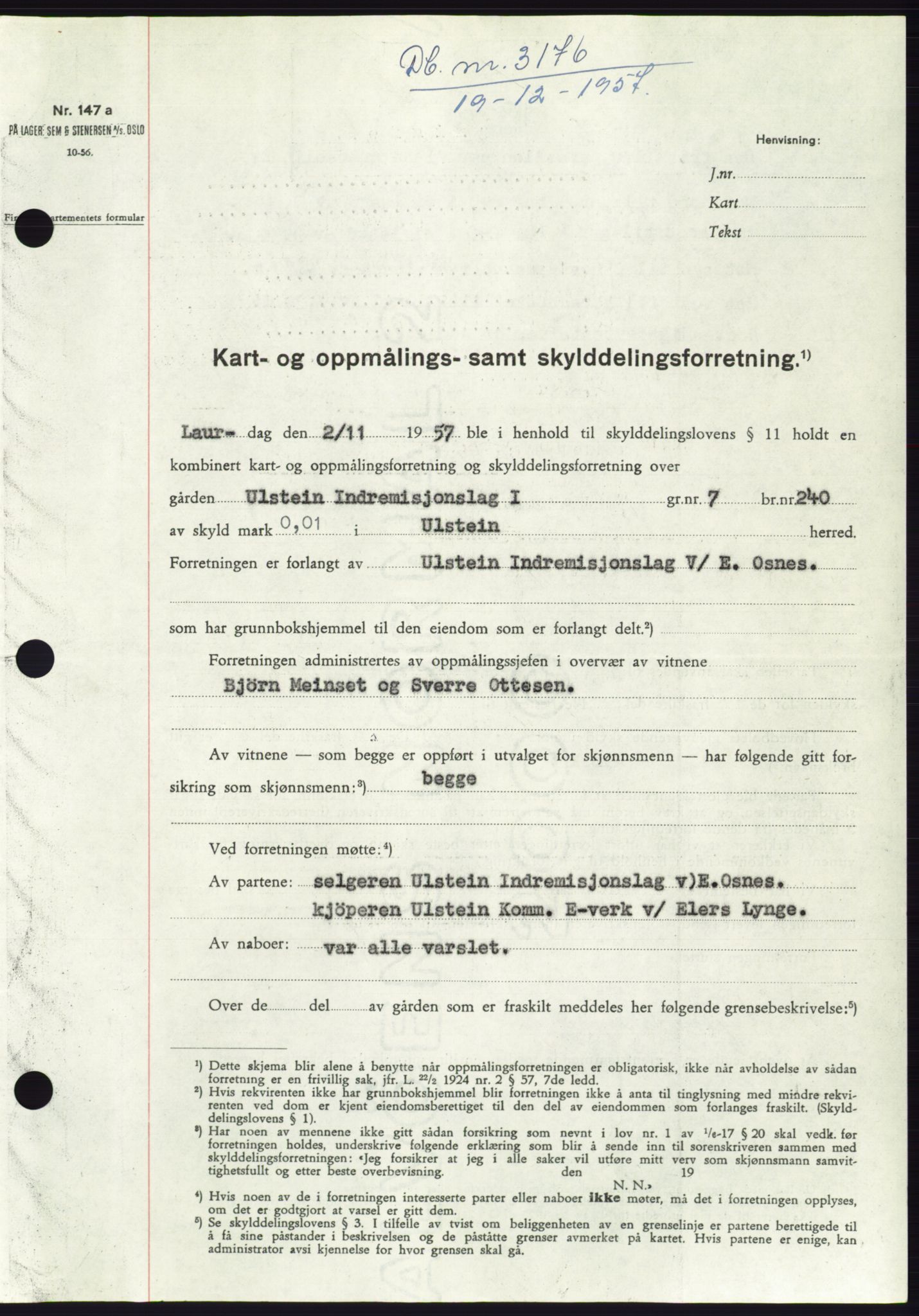 Søre Sunnmøre sorenskriveri, AV/SAT-A-4122/1/2/2C/L0108: Mortgage book no. 34A, 1957-1958, Diary no: : 3176/1957