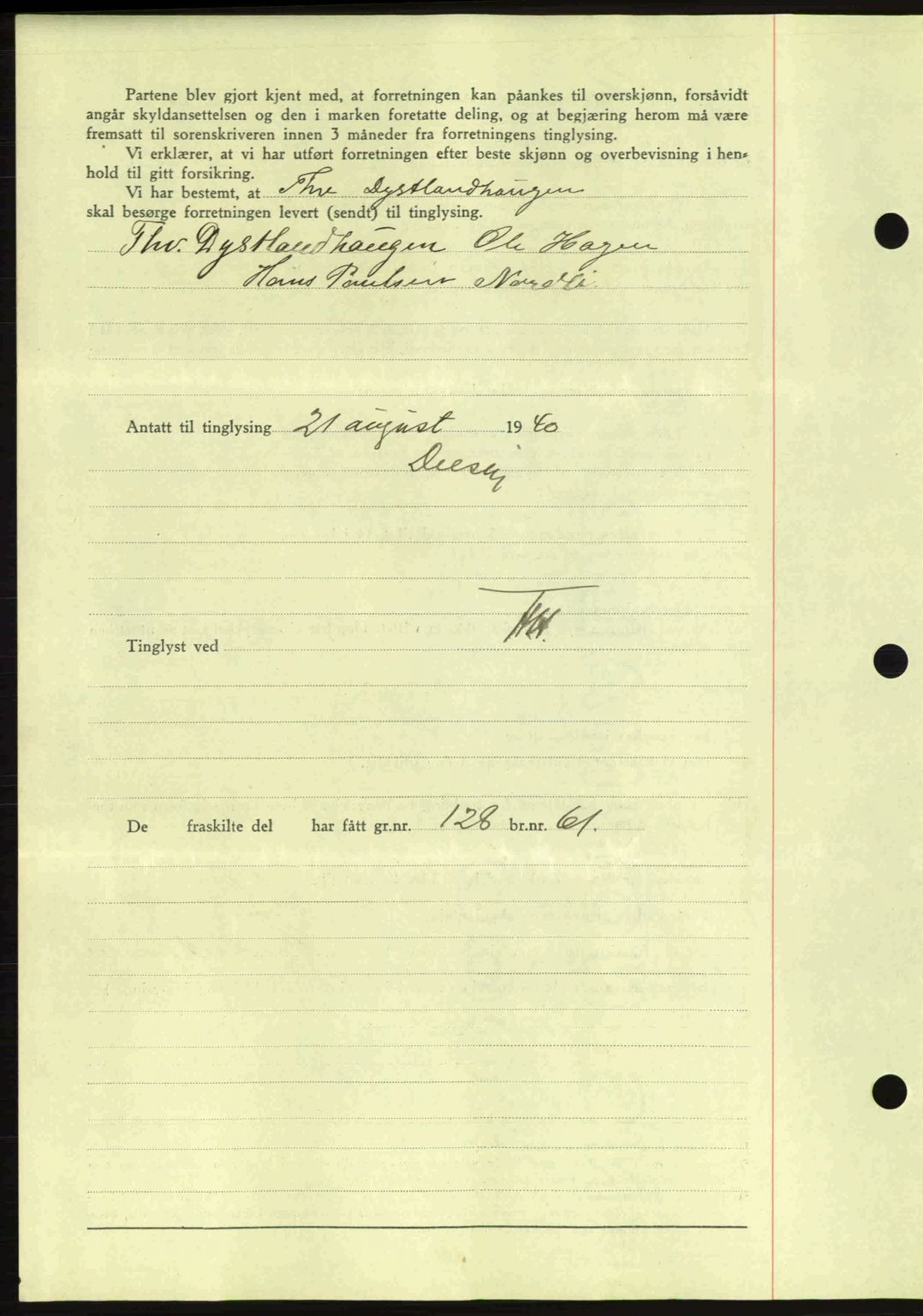 Nes tingrett, SAO/A-10548/G/Gb/Gbb/L0010: Mortgage book no. 54, 1939-1940, Diary no: : 1114/1940