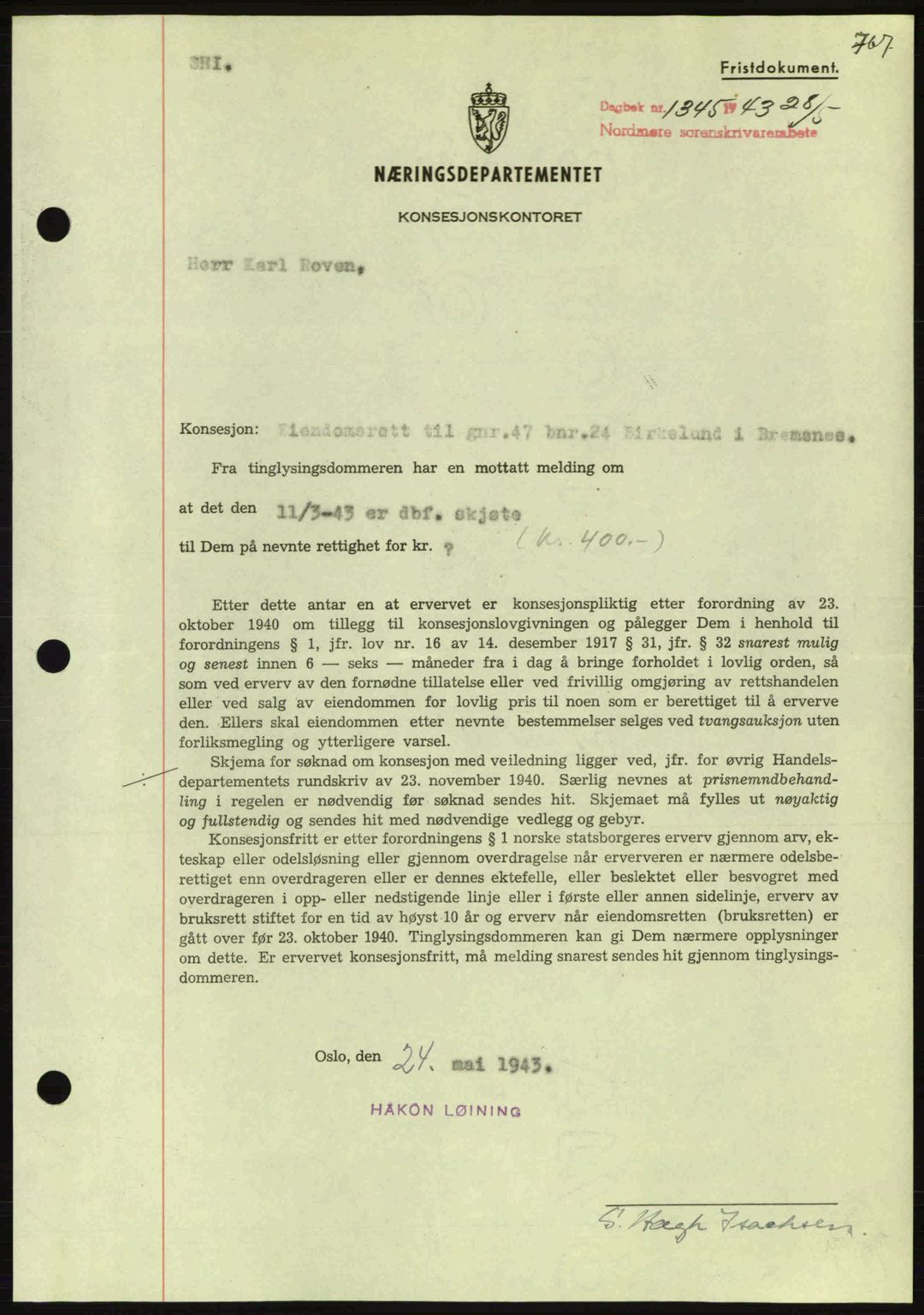 Nordmøre sorenskriveri, AV/SAT-A-4132/1/2/2Ca: Mortgage book no. B90, 1942-1943, Diary no: : 1345/1943