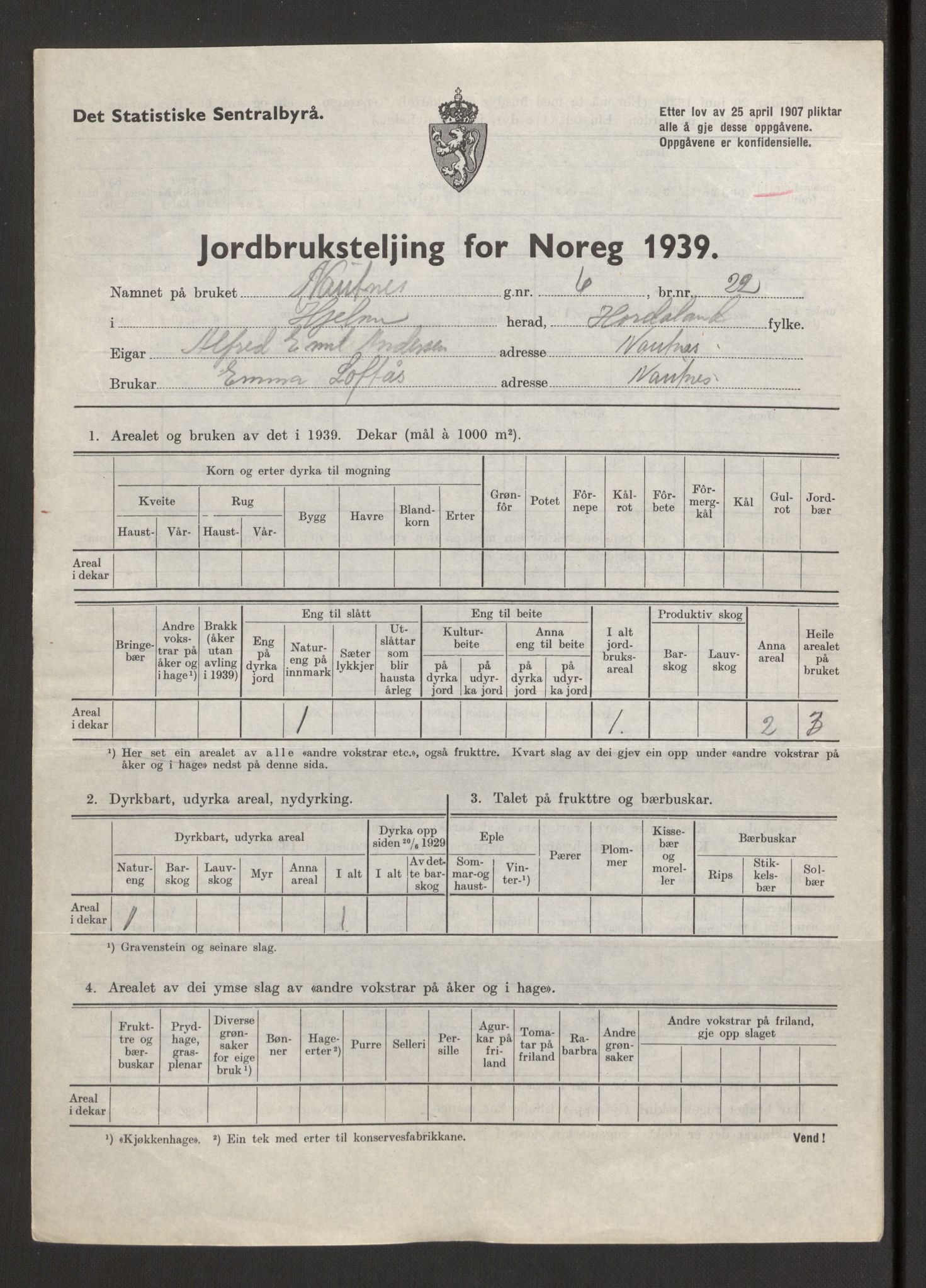 Statistisk sentralbyrå, Næringsøkonomiske emner, Jordbruk, skogbruk, jakt, fiske og fangst, AV/RA-S-2234/G/Gb/L0211: Hordaland: Herdla, Hjelme og Manger, 1939, p. 1133