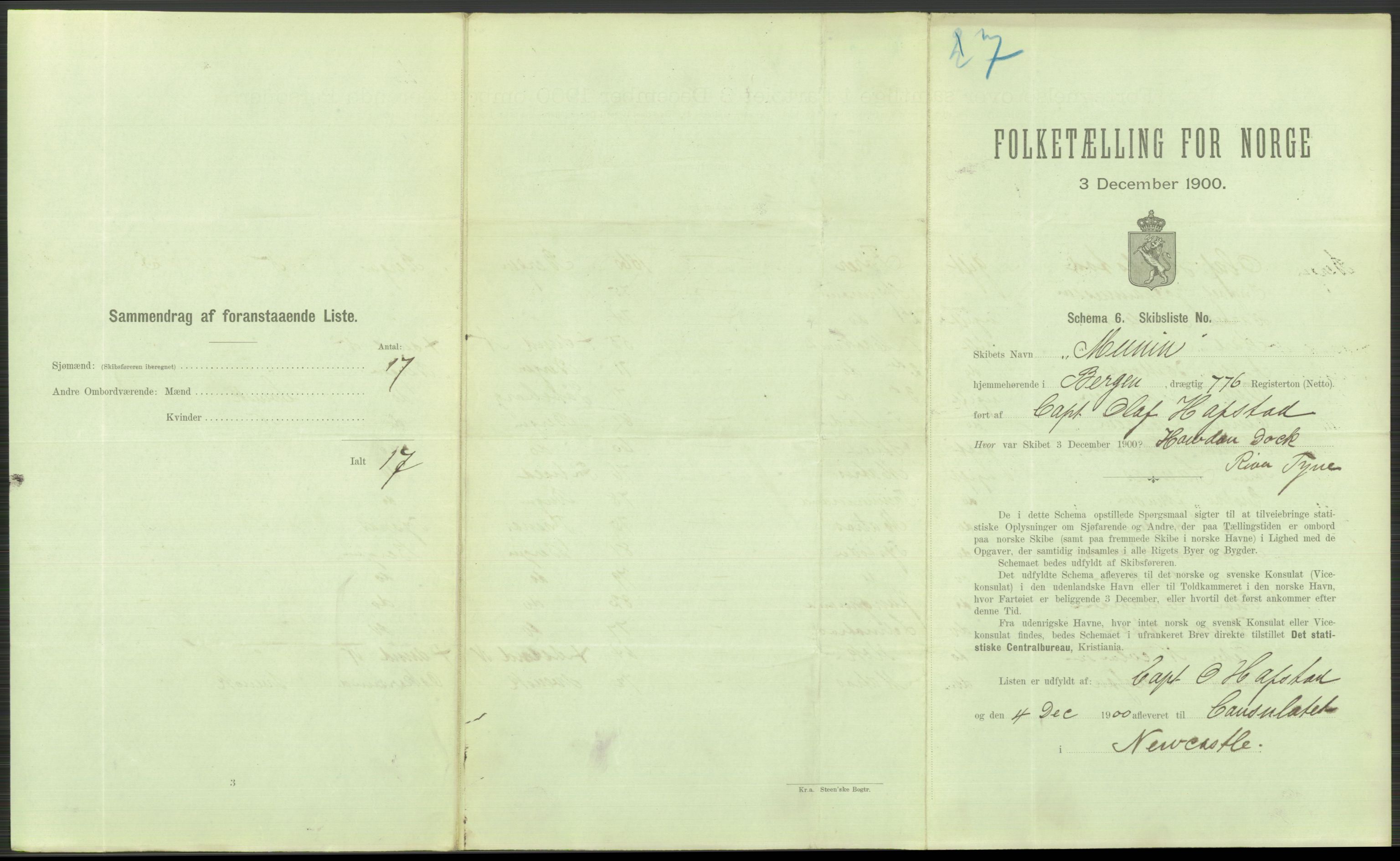 RA, 1900 Census - ship lists from ships in Norwegian harbours, harbours abroad and at sea, 1900, p. 4133