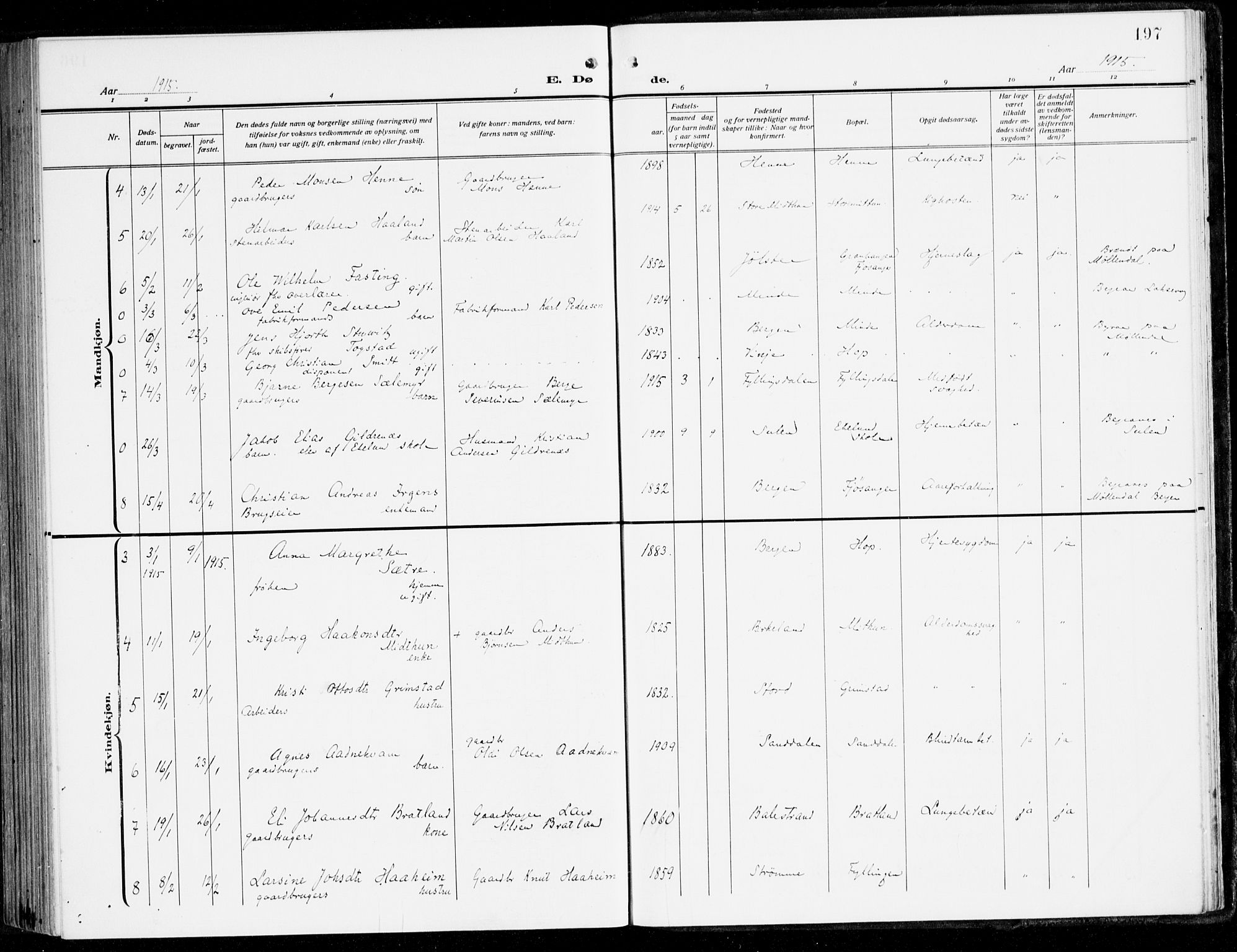 Fana Sokneprestembete, AV/SAB-A-75101/H/Haa/Haai/L0004: Parish register (official) no. I 4, 1912-1933, p. 197