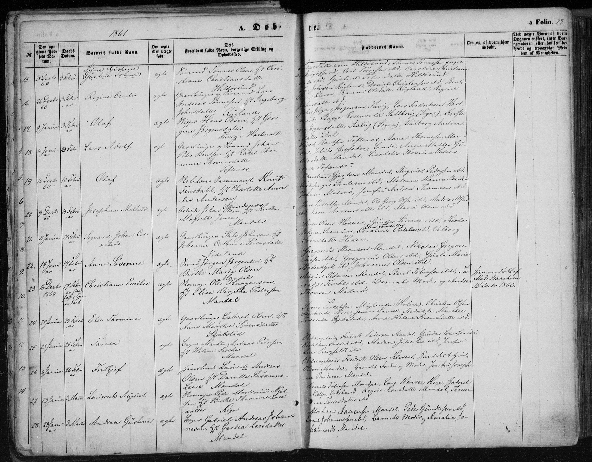 Mandal sokneprestkontor, AV/SAK-1111-0030/F/Fa/Faa/L0014: Parish register (official) no. A 14, 1859-1872, p. 28