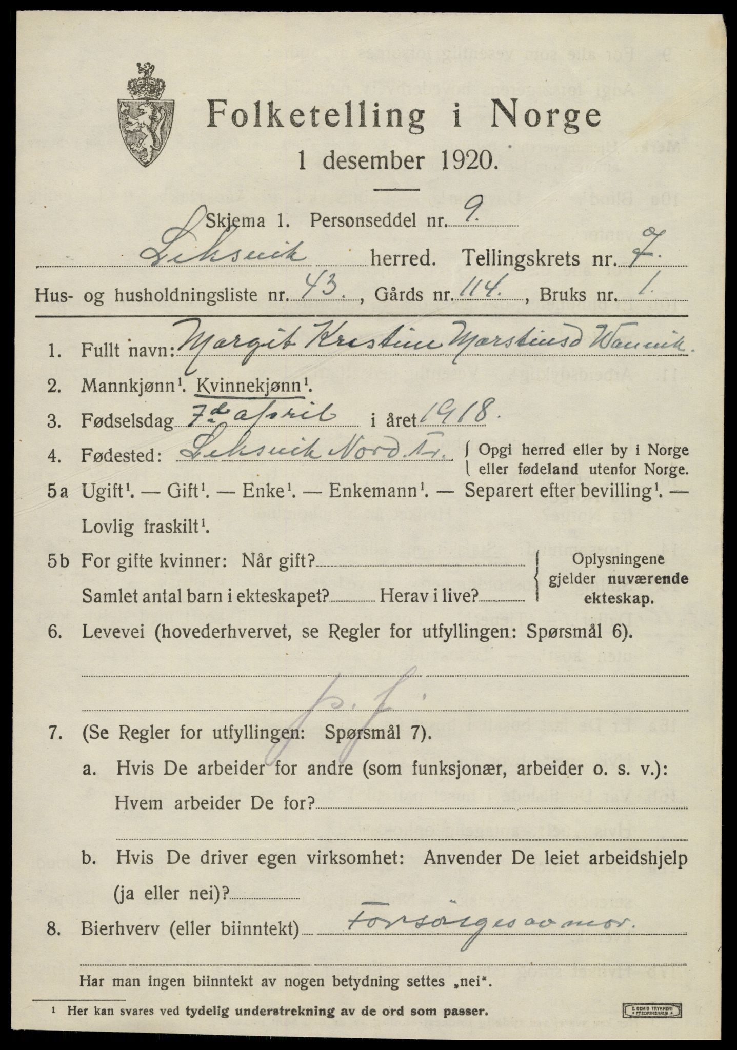 SAT, 1920 census for Leksvik, 1920, p. 6590