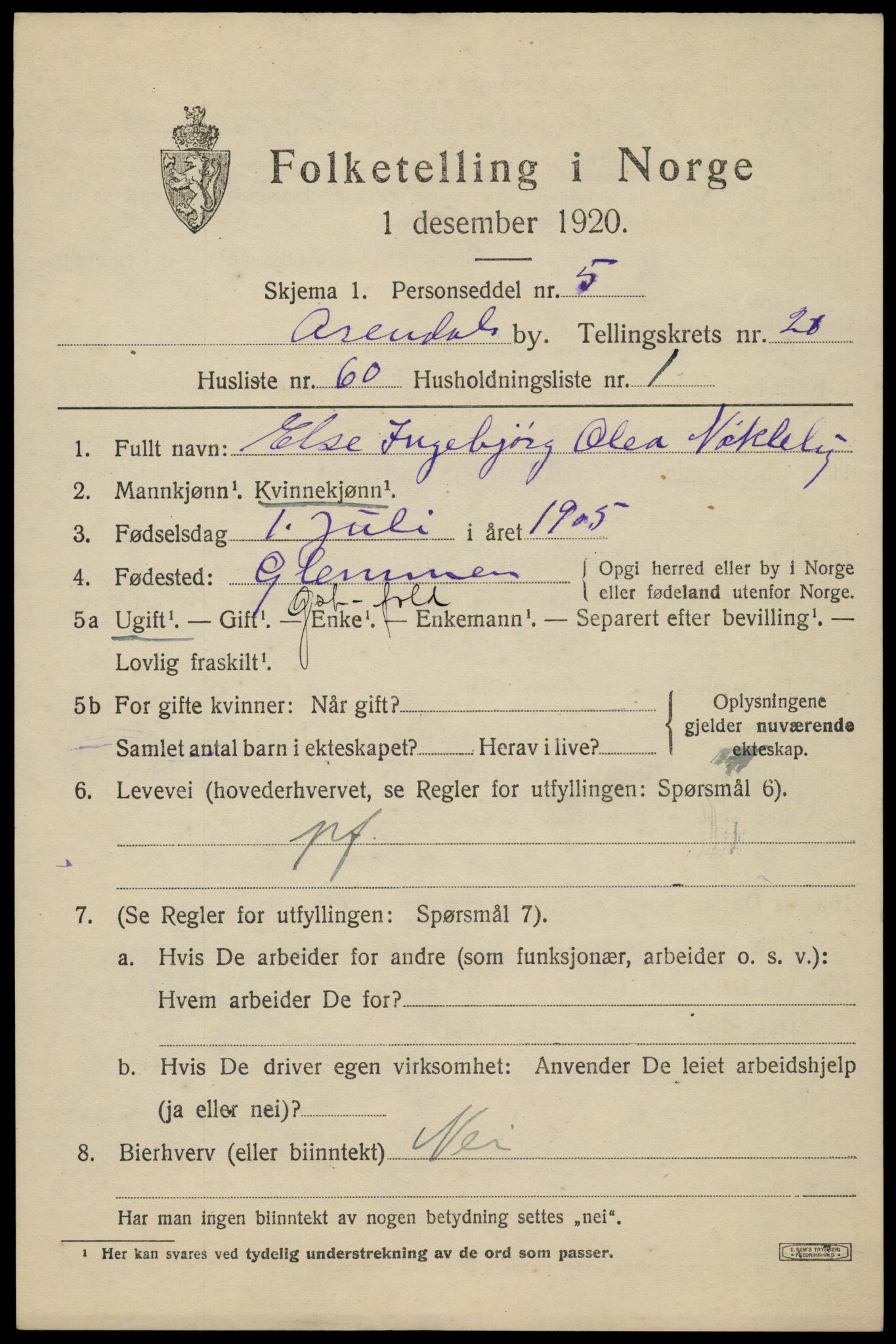 SAK, 1920 census for Arendal, 1920, p. 27500