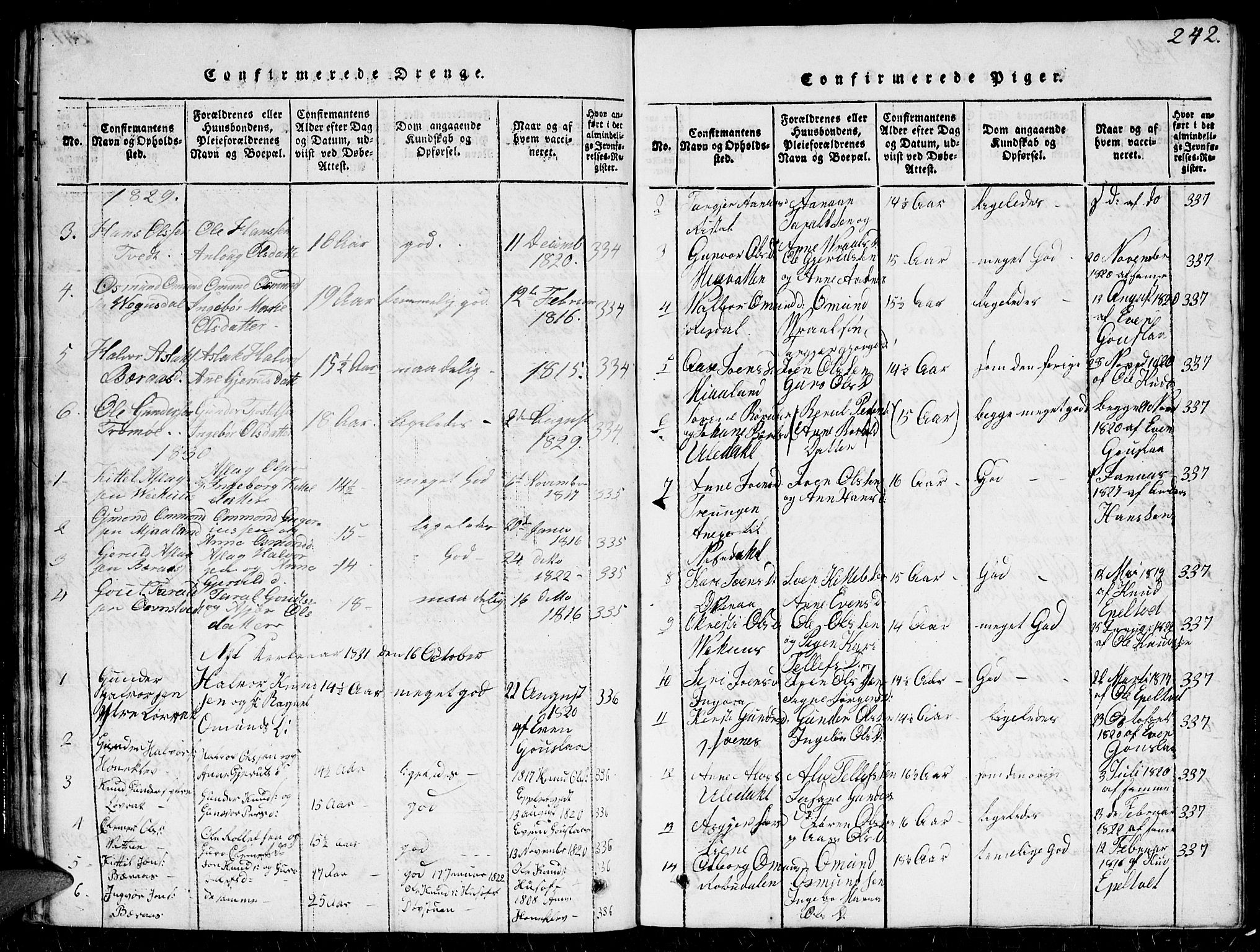 Herefoss sokneprestkontor, AV/SAK-1111-0019/F/Fb/Fbc/L0001: Parish register (copy) no. B 1, 1816-1866, p. 242