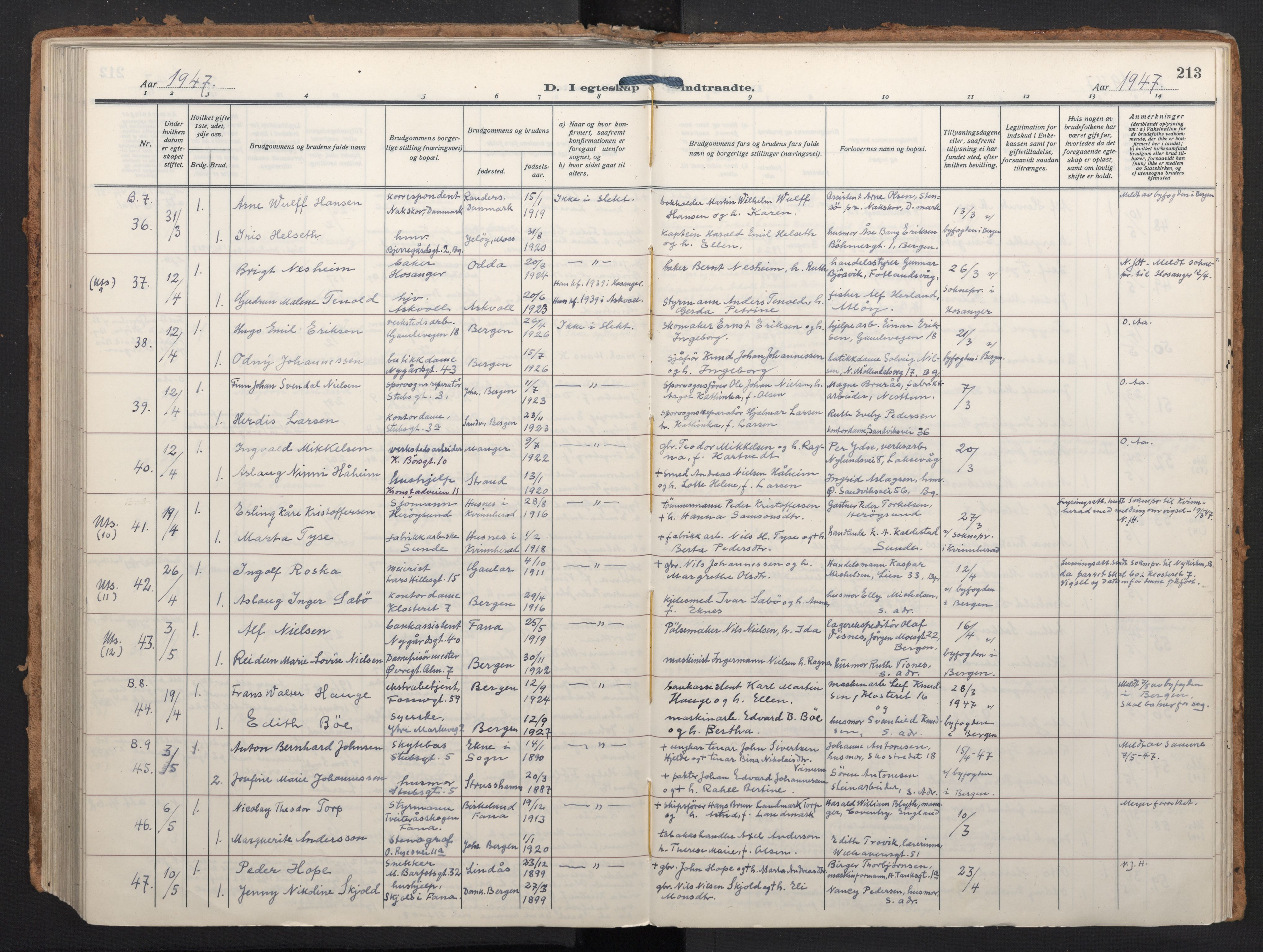 Johanneskirken sokneprestembete, AV/SAB-A-76001/H/Haa/L0014: Parish register (official) no. D 3, 1929-1949, p. 212b-213a