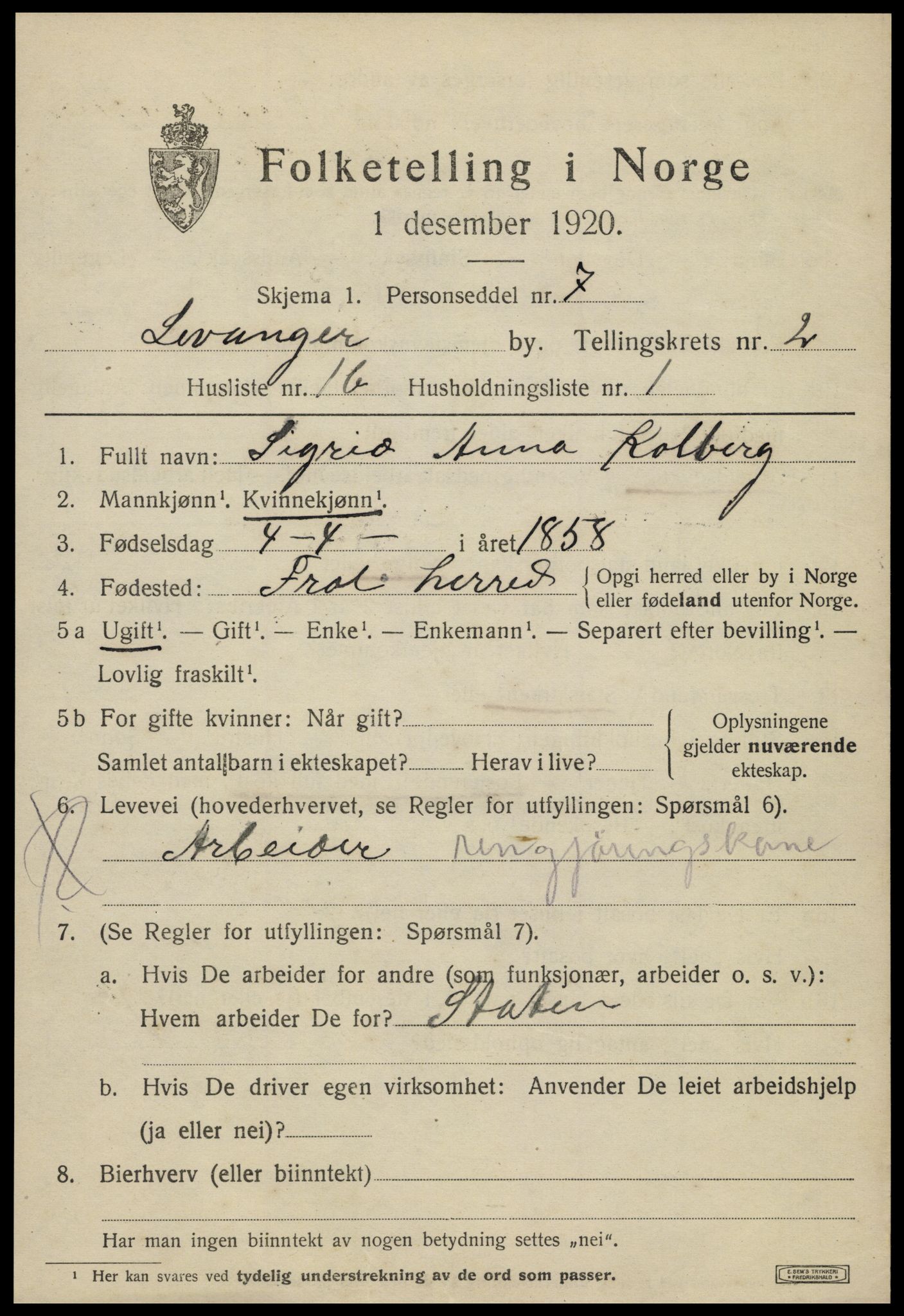 SAT, 1920 census for Levanger town, 1920, p. 2800