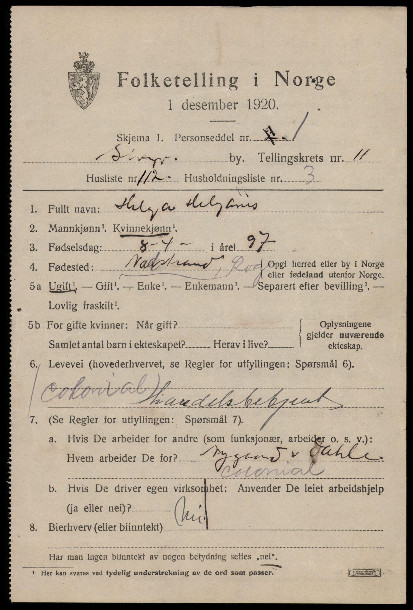 SAST, 1920 census for Stavanger, 1920, p. 56062