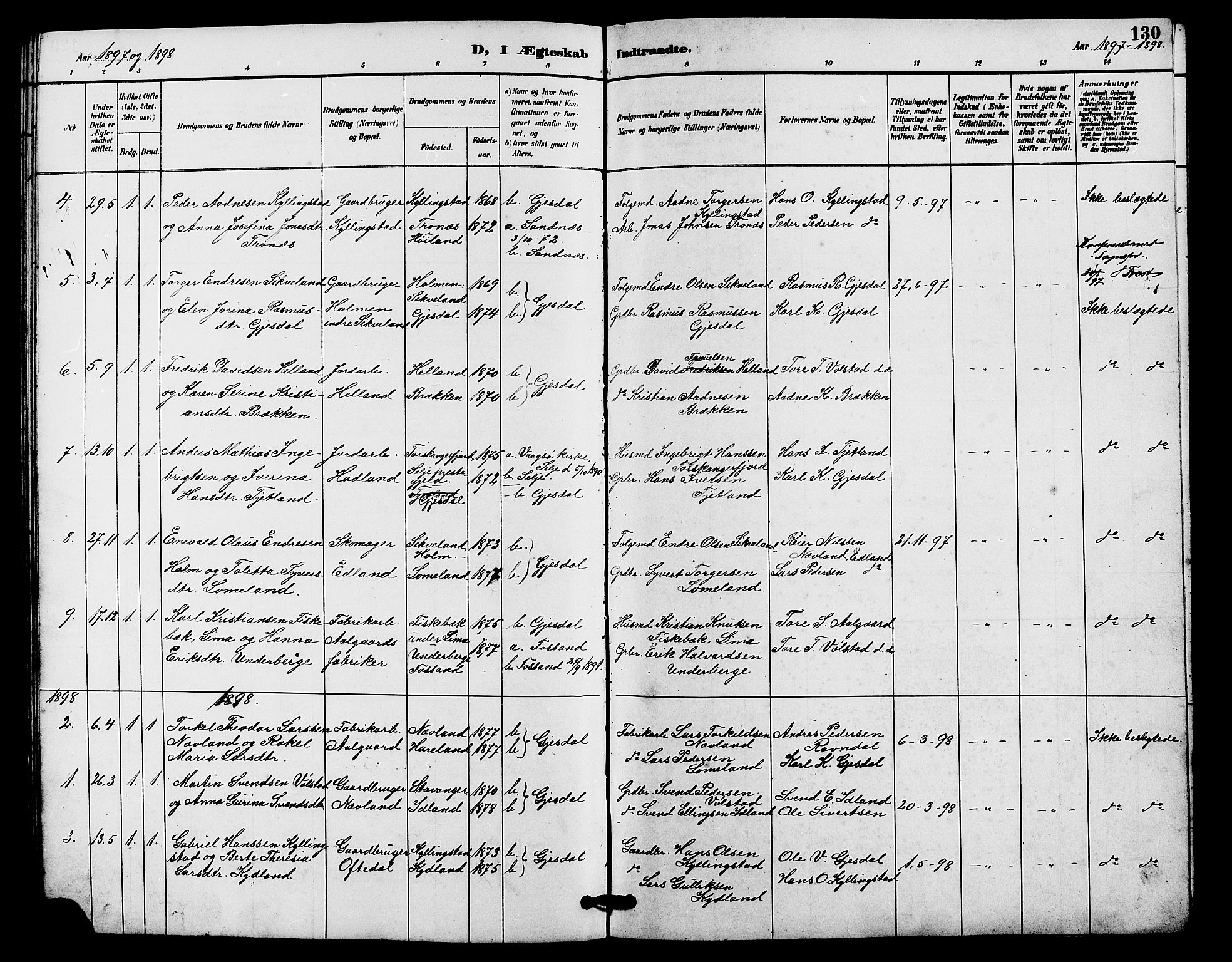 Lye sokneprestkontor, SAST/A-101794/001/30BB/L0008: Parish register (copy) no. B 7, 1887-1901, p. 130