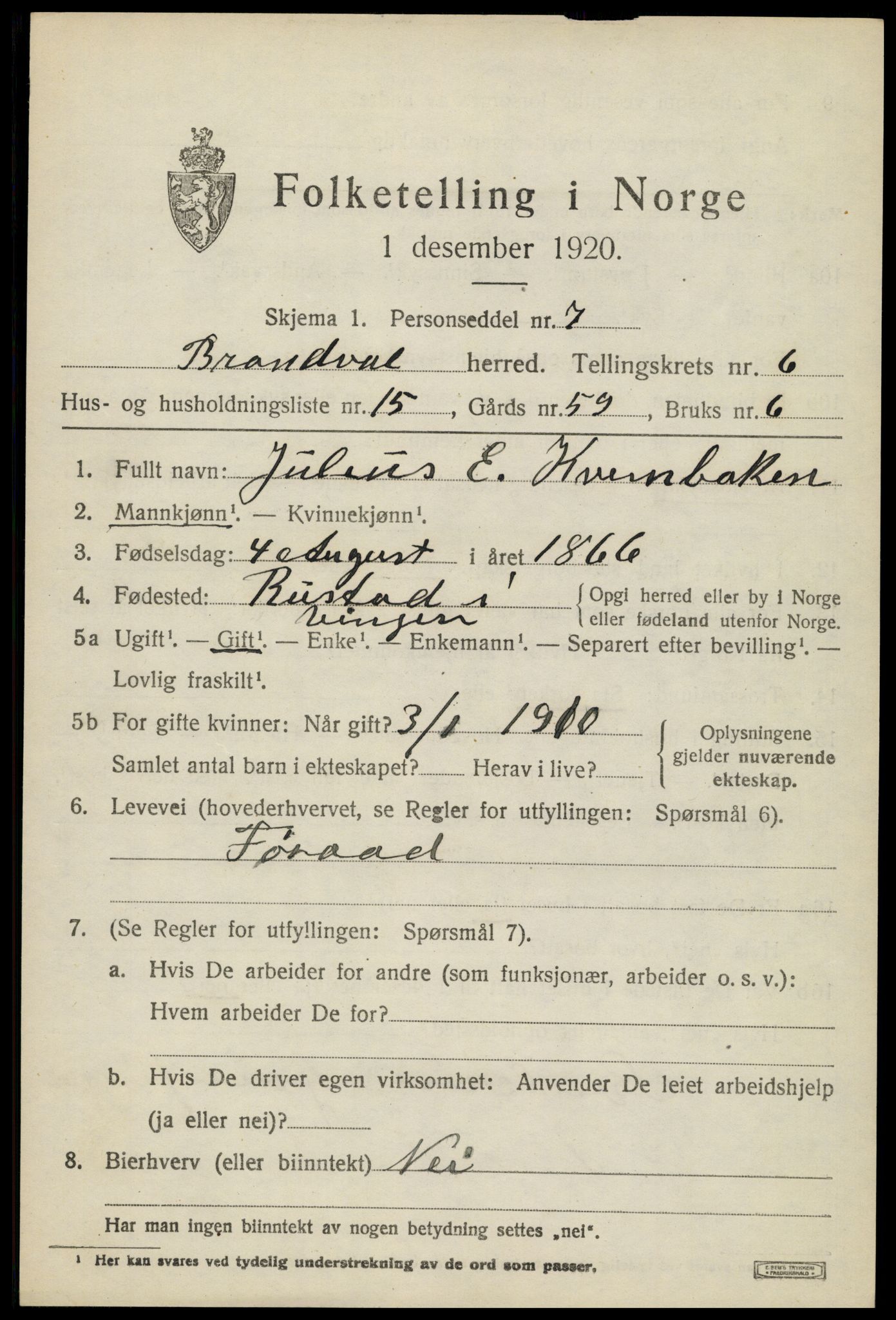 SAH, 1920 census for Brandval, 1920, p. 5436