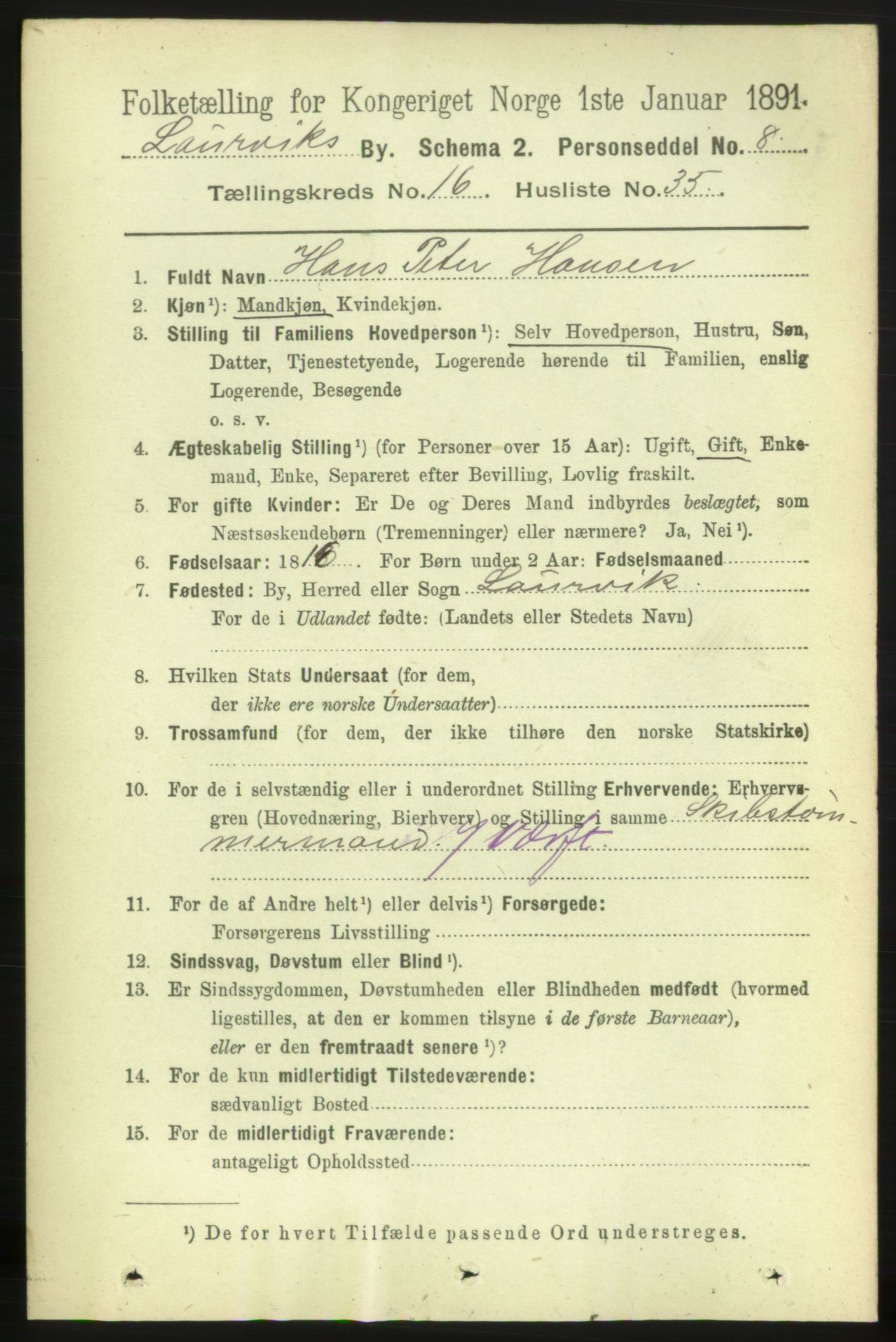 RA, 1891 census for 0707 Larvik, 1891, p. 11911