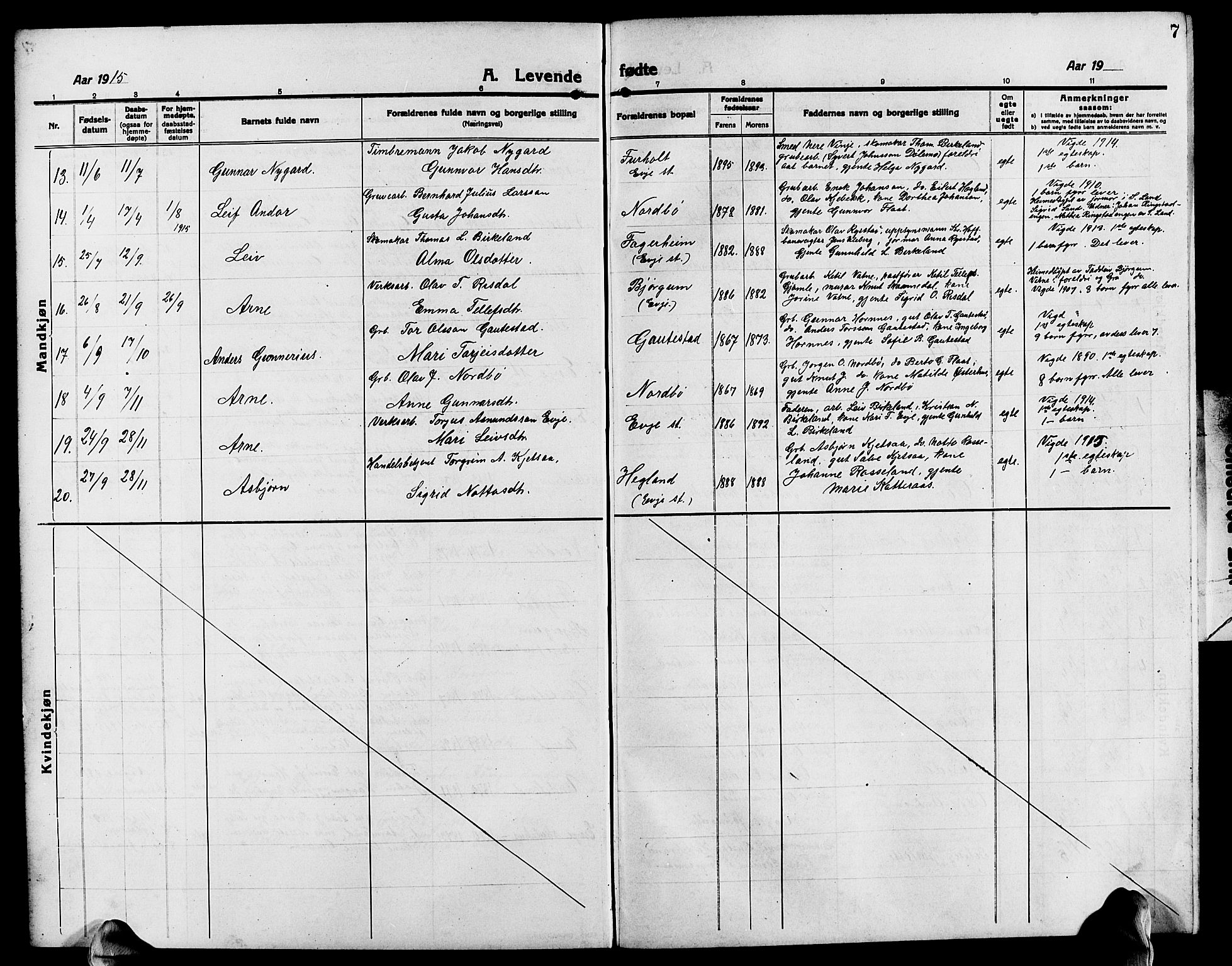 Evje sokneprestkontor, AV/SAK-1111-0008/F/Fb/Fba/L0005: Parish register (copy) no. B 5, 1914-1926, p. 7