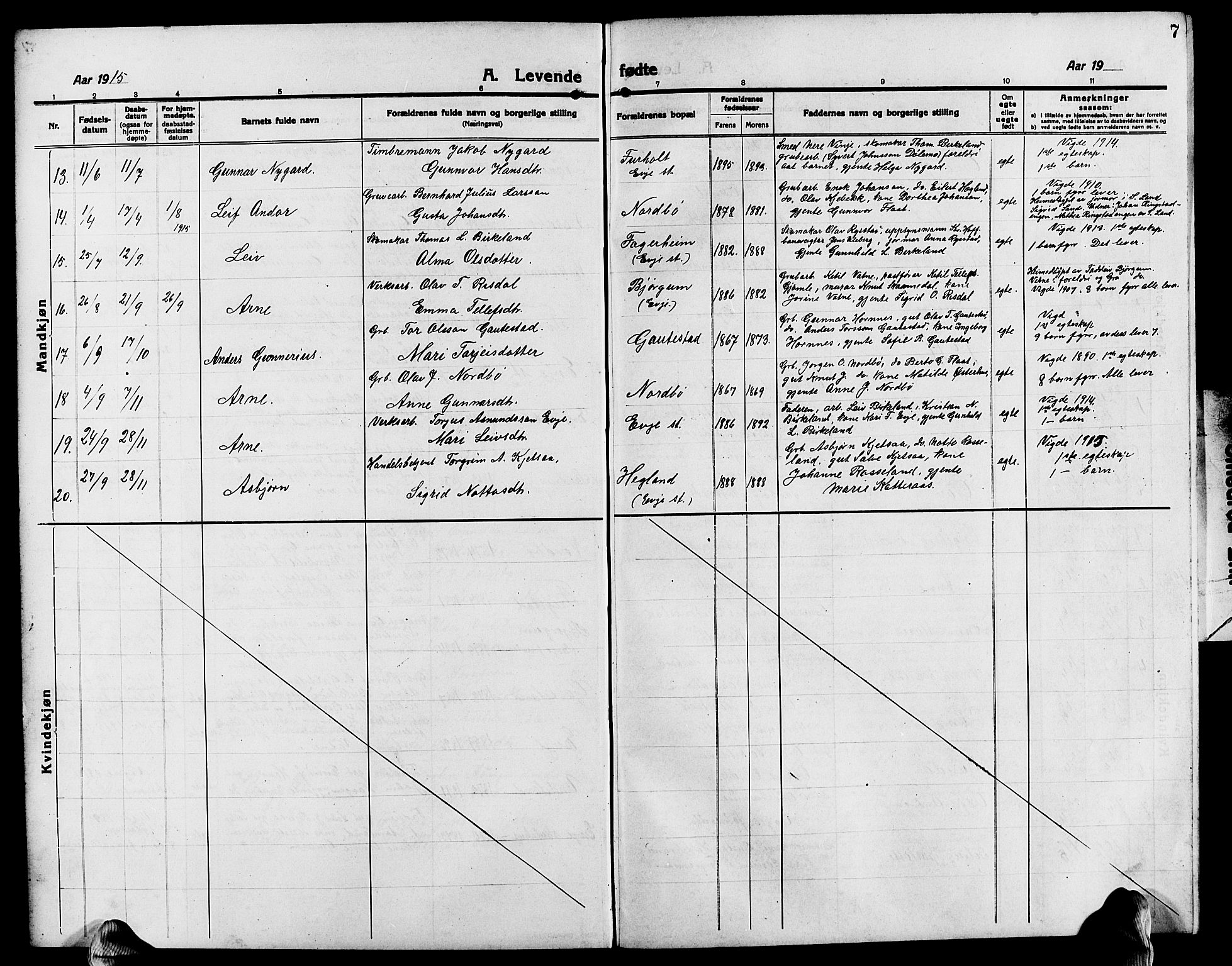 Evje sokneprestkontor, SAK/1111-0008/F/Fb/Fba/L0005: Parish register (copy) no. B 5, 1914-1926, p. 7