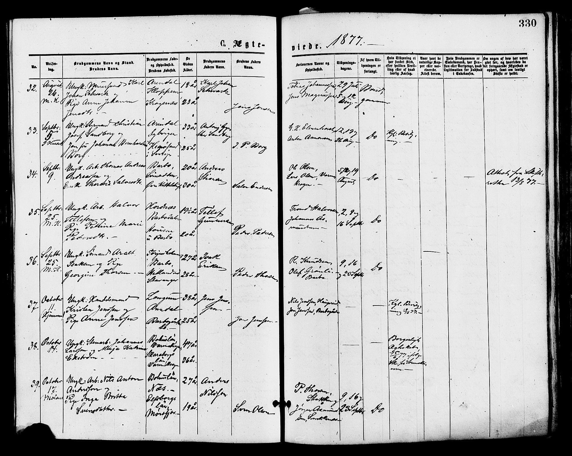 Barbu sokneprestkontor, AV/SAK-1111-0003/F/Fa/L0001: Parish register (official) no. A 1 /2, 1877-1877, p. 330