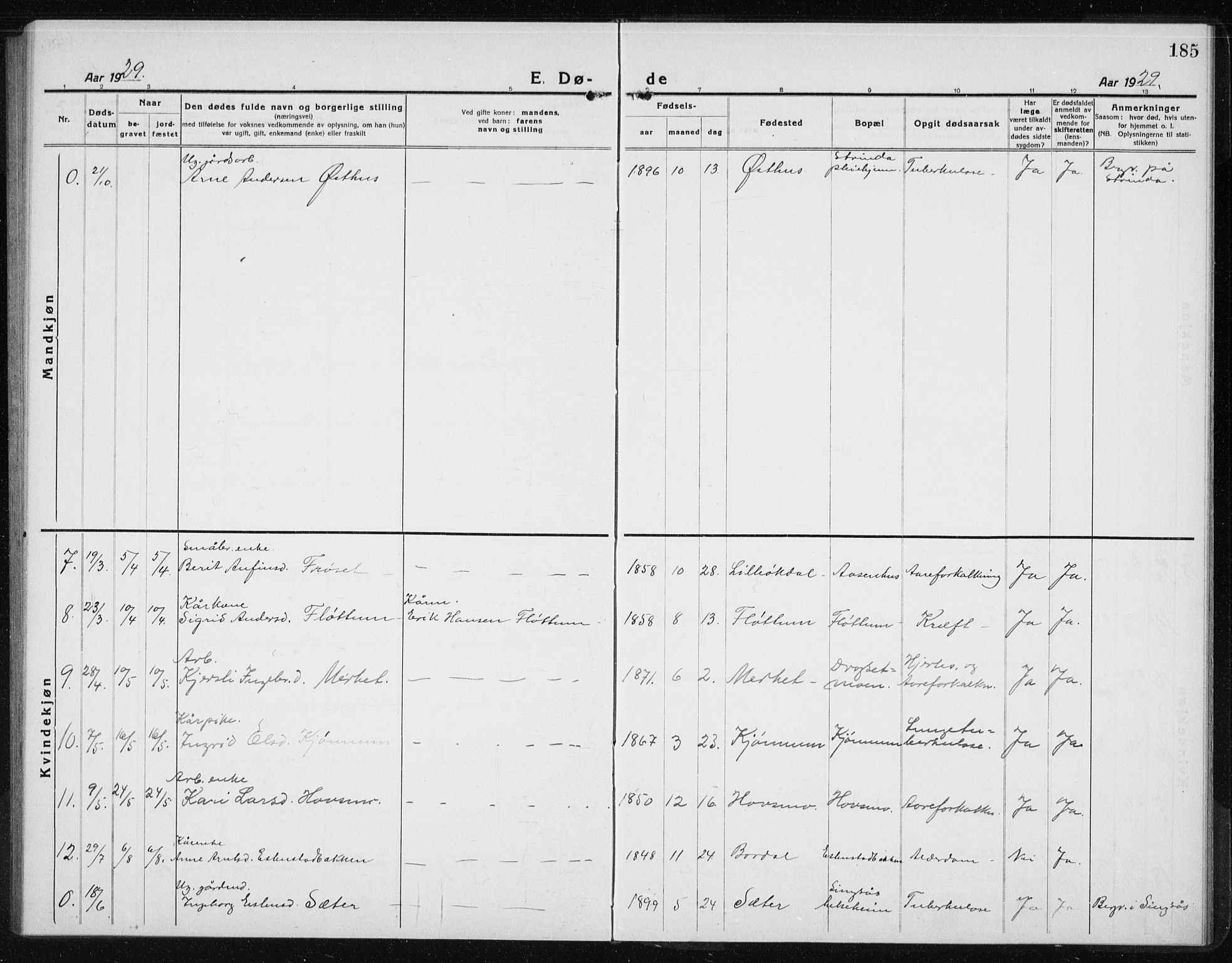 Ministerialprotokoller, klokkerbøker og fødselsregistre - Sør-Trøndelag, SAT/A-1456/689/L1045: Parish register (copy) no. 689C04, 1923-1940, p. 185
