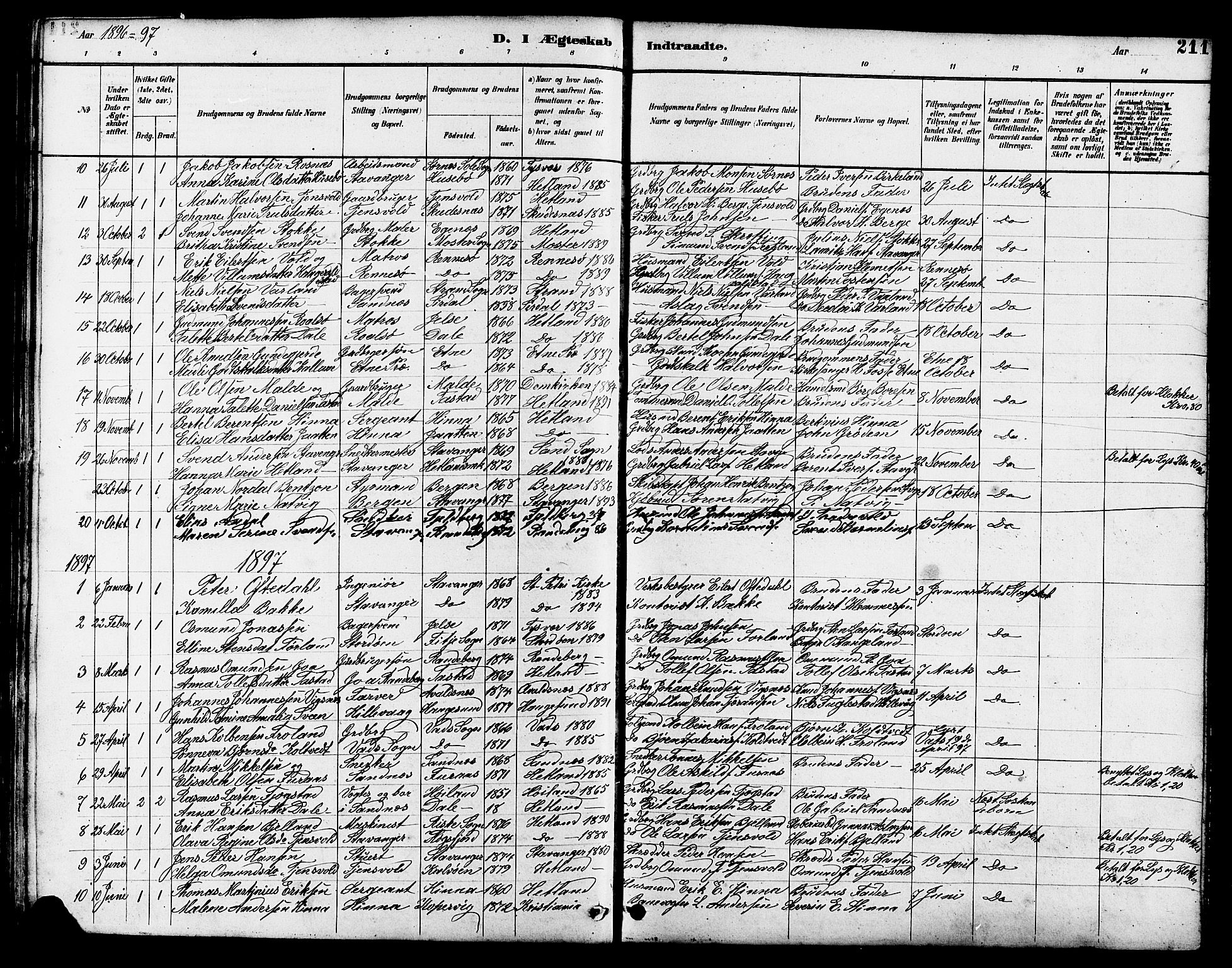 Hetland sokneprestkontor, SAST/A-101826/30/30BB/L0005: Parish register (copy) no. B 5, 1878-1910, p. 211