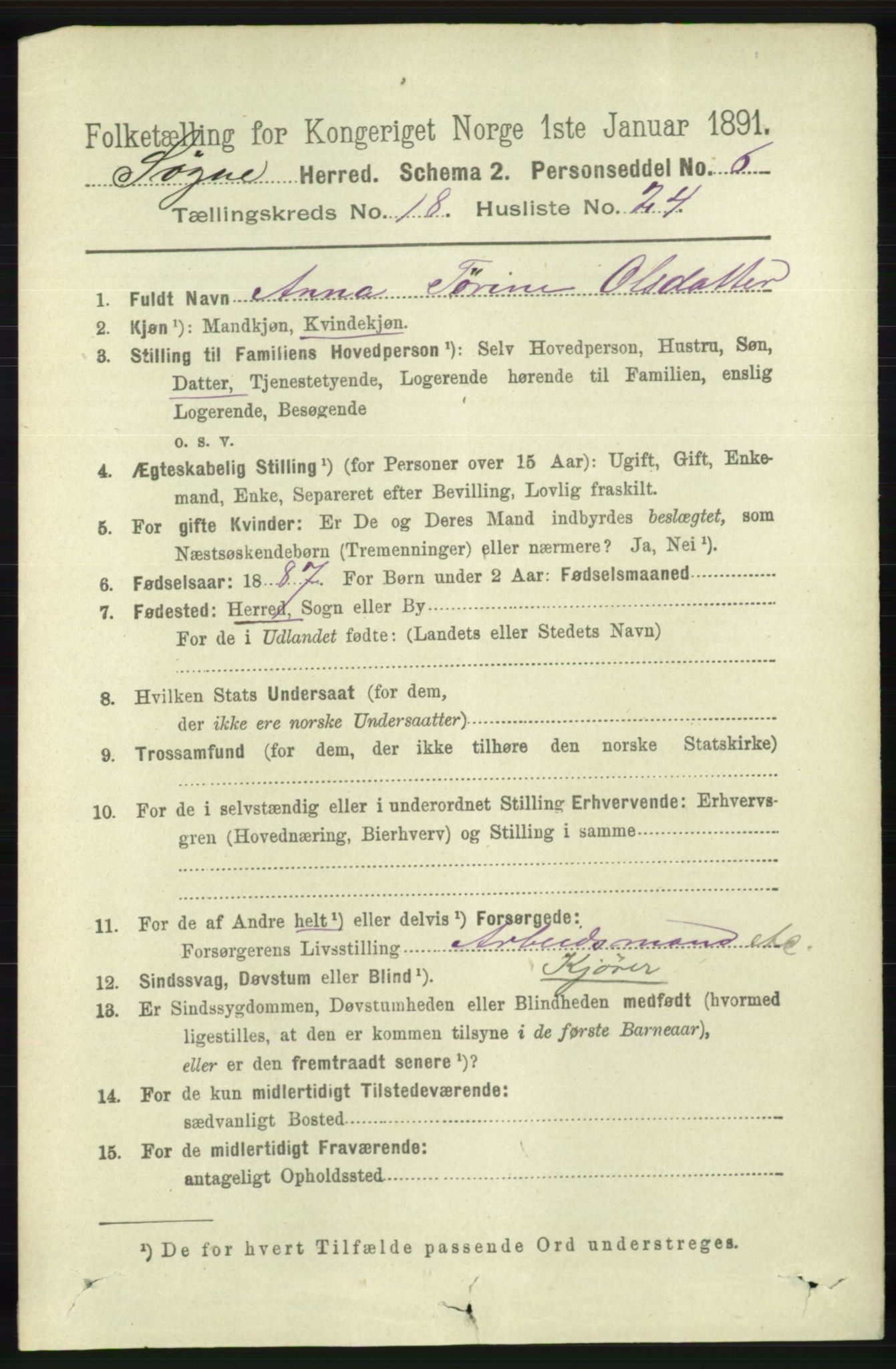 RA, 1891 census for 1018 Søgne, 1891, p. 4867