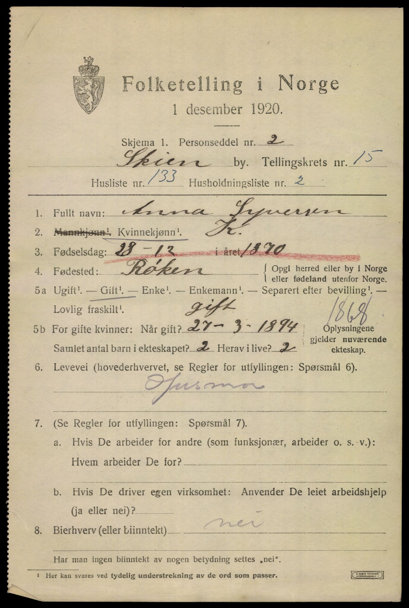 SAKO, 1920 census for Skien, 1920, p. 45710