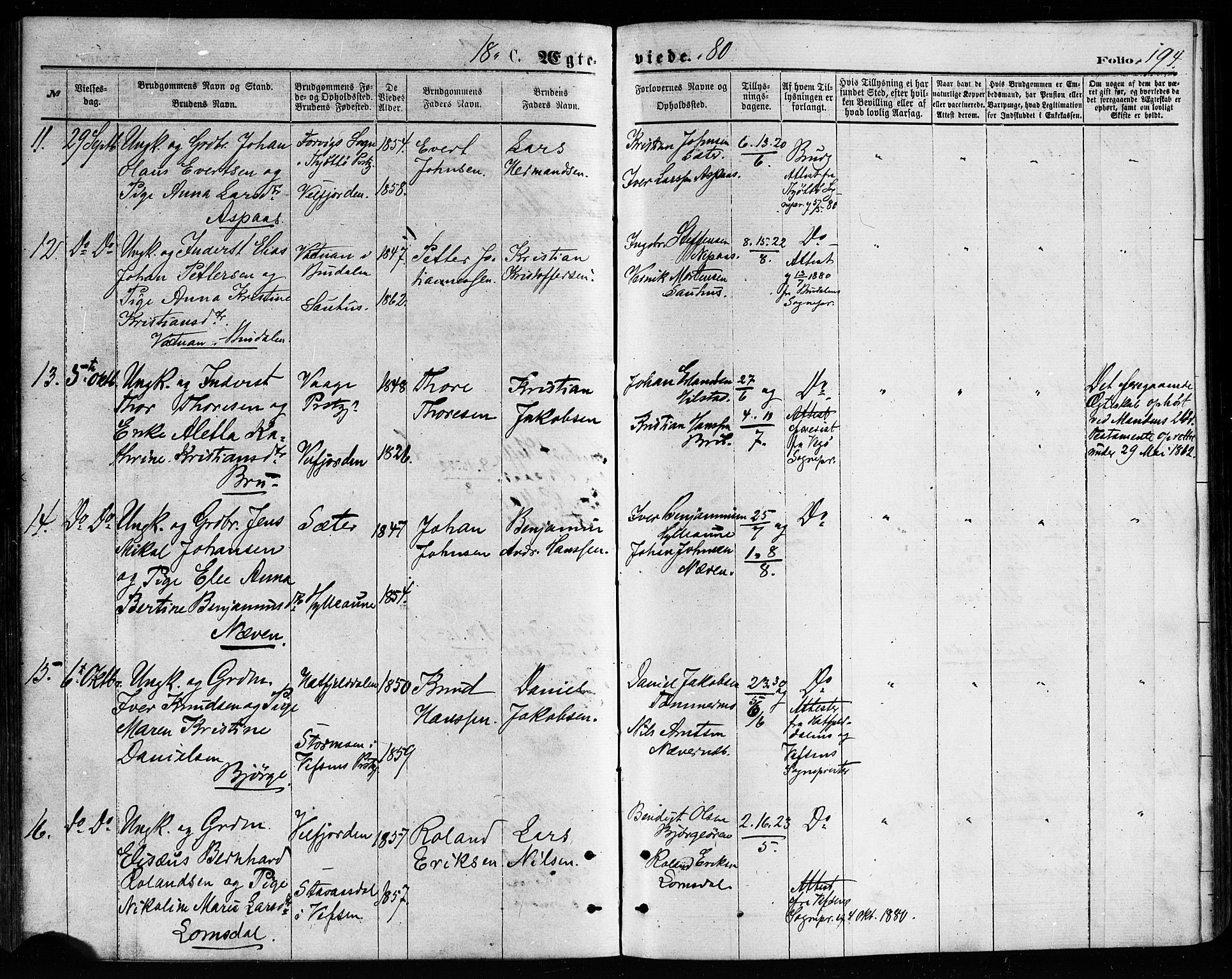 Ministerialprotokoller, klokkerbøker og fødselsregistre - Nordland, AV/SAT-A-1459/814/L0225: Parish register (official) no. 814A06, 1875-1885, p. 194