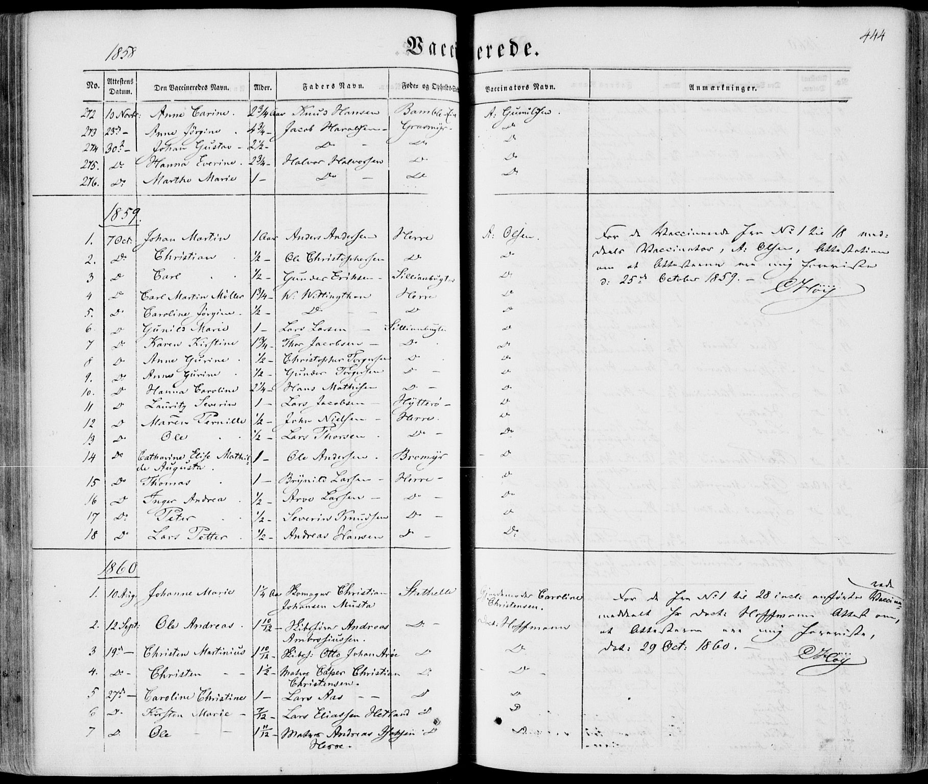 Bamble kirkebøker, SAKO/A-253/F/Fa/L0005: Parish register (official) no. I 5, 1854-1869, p. 444