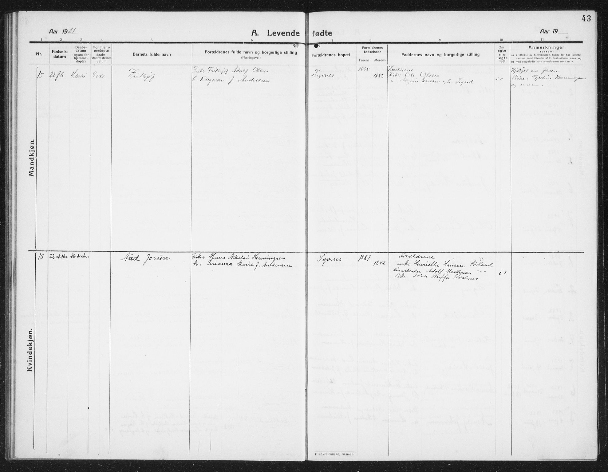 Ministerialprotokoller, klokkerbøker og fødselsregistre - Nordland, AV/SAT-A-1459/807/L0124: Parish register (copy) no. 807C02, 1910-1935, p. 43