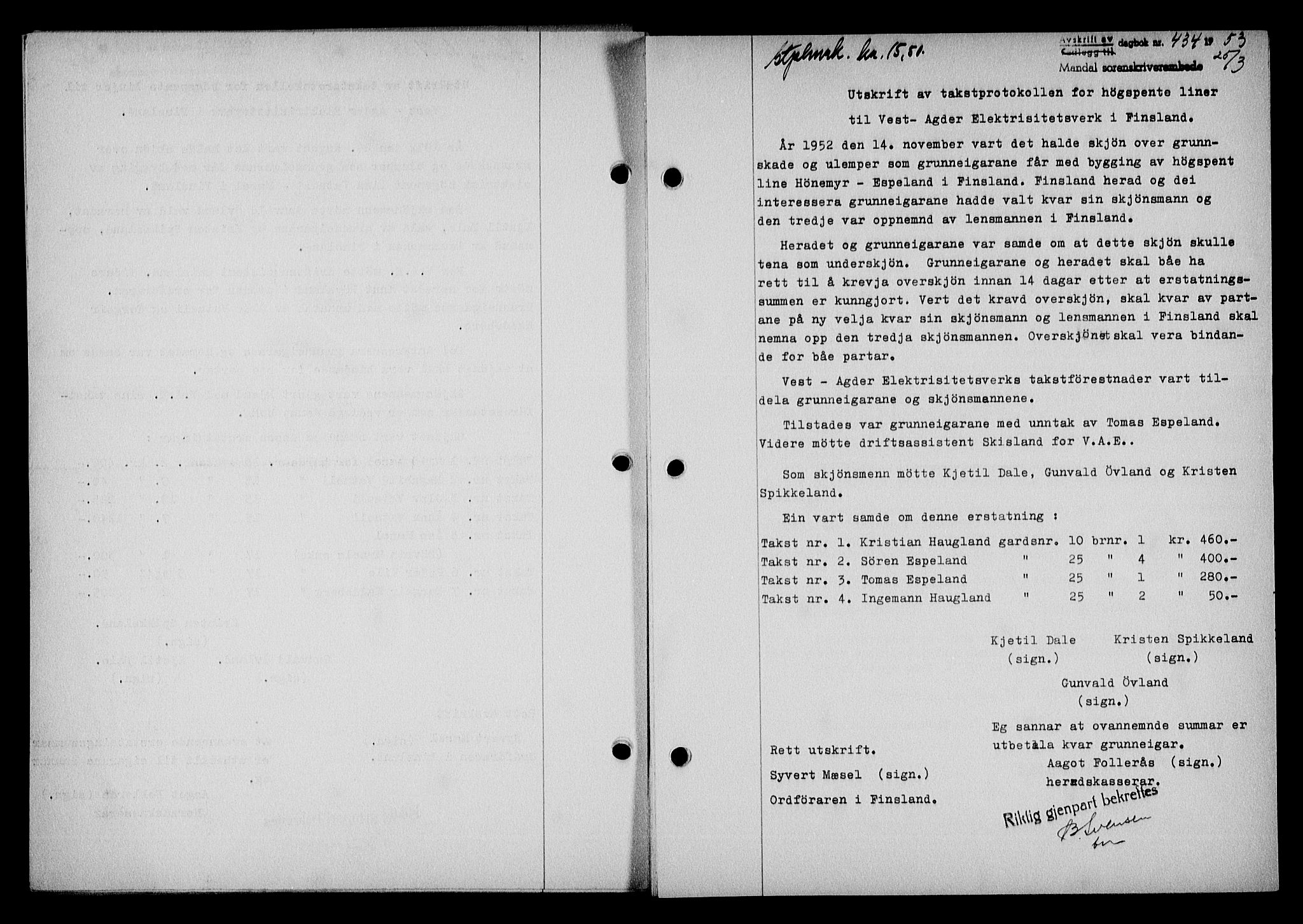 Mandal sorenskriveri, SAK/1221-0005/001/G/Gb/Gba/L0087: Mortgage book no. A-24, 1953-1953, Diary no: : 434/1953