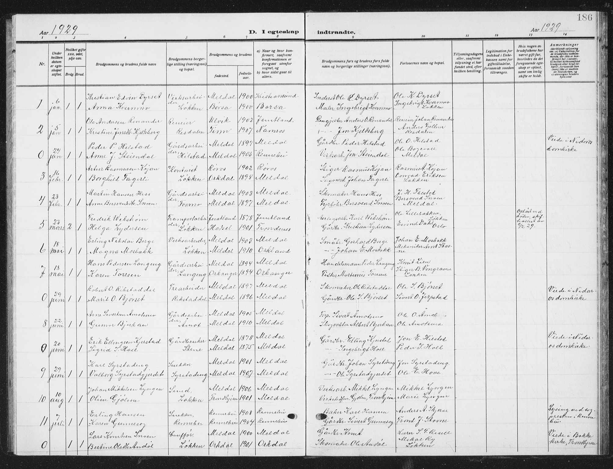 Ministerialprotokoller, klokkerbøker og fødselsregistre - Sør-Trøndelag, AV/SAT-A-1456/672/L0866: Parish register (copy) no. 672C05, 1929-1939, p. 186