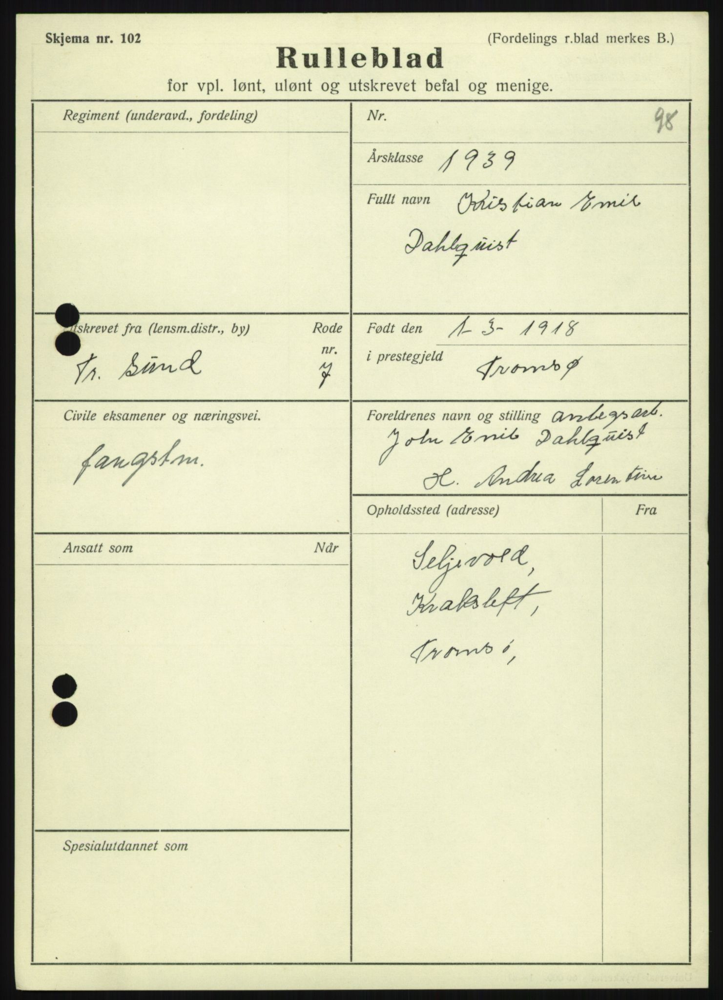 Forsvaret, Troms infanteriregiment nr. 16, AV/RA-RAFA-3146/P/Pa/L0023: Rulleblad for regimentets menige mannskaper, årsklasse 1939, 1939, p. 161