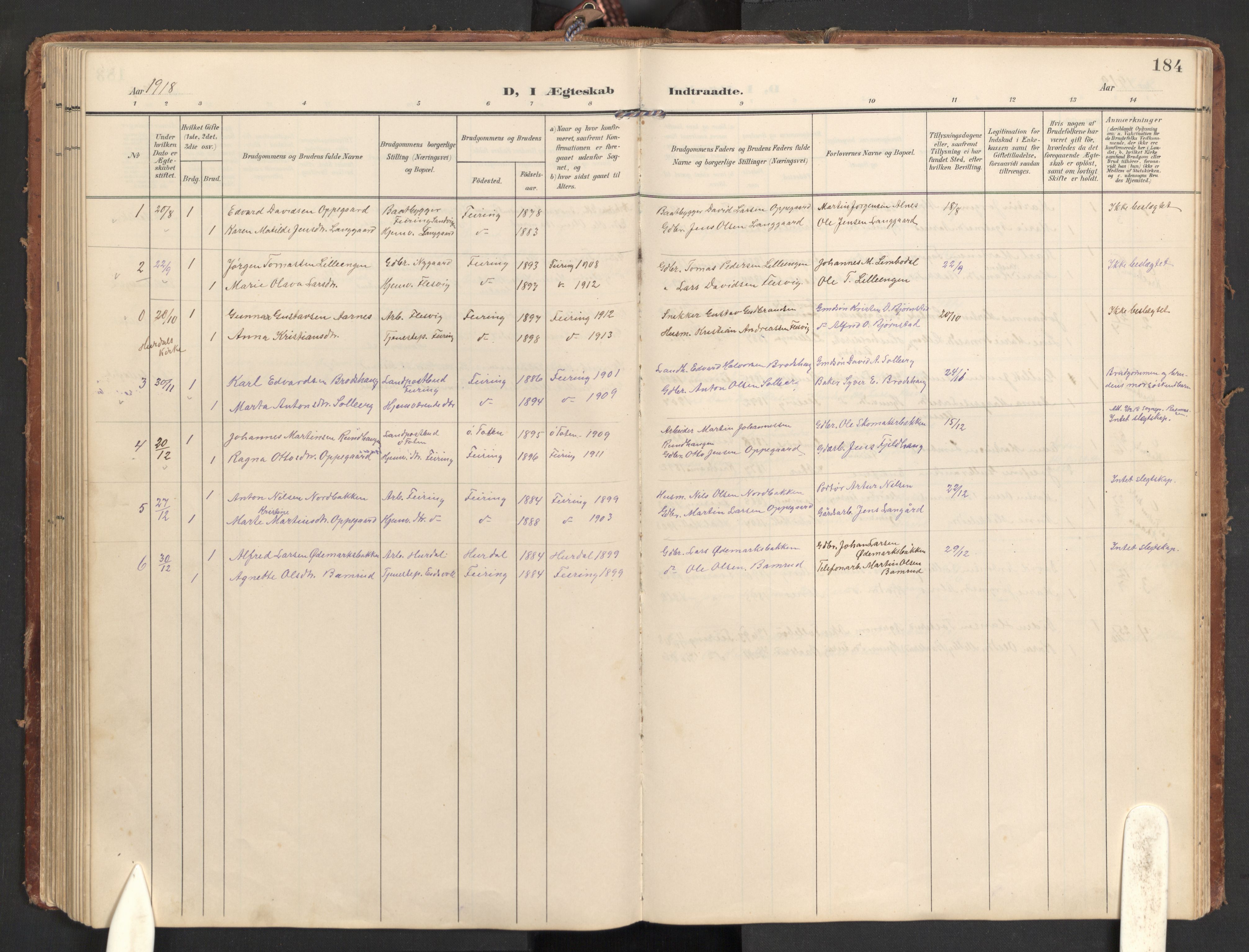 Hurdal prestekontor Kirkebøker, AV/SAO-A-10889/G/Gb/L0001: Parish register (copy) no. II 1, 1902-1939, p. 184