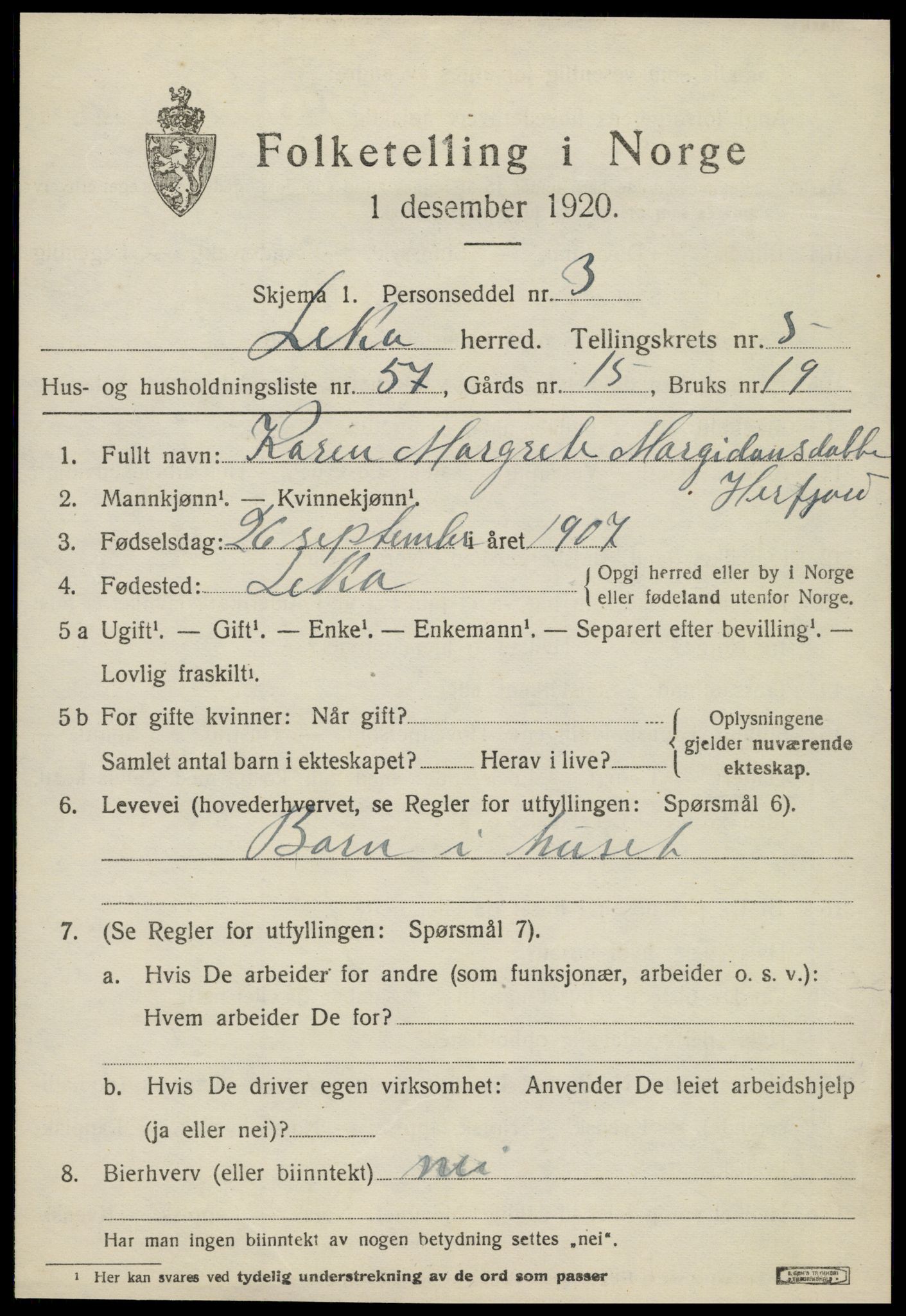 SAT, 1920 census for Leka, 1920, p. 2775