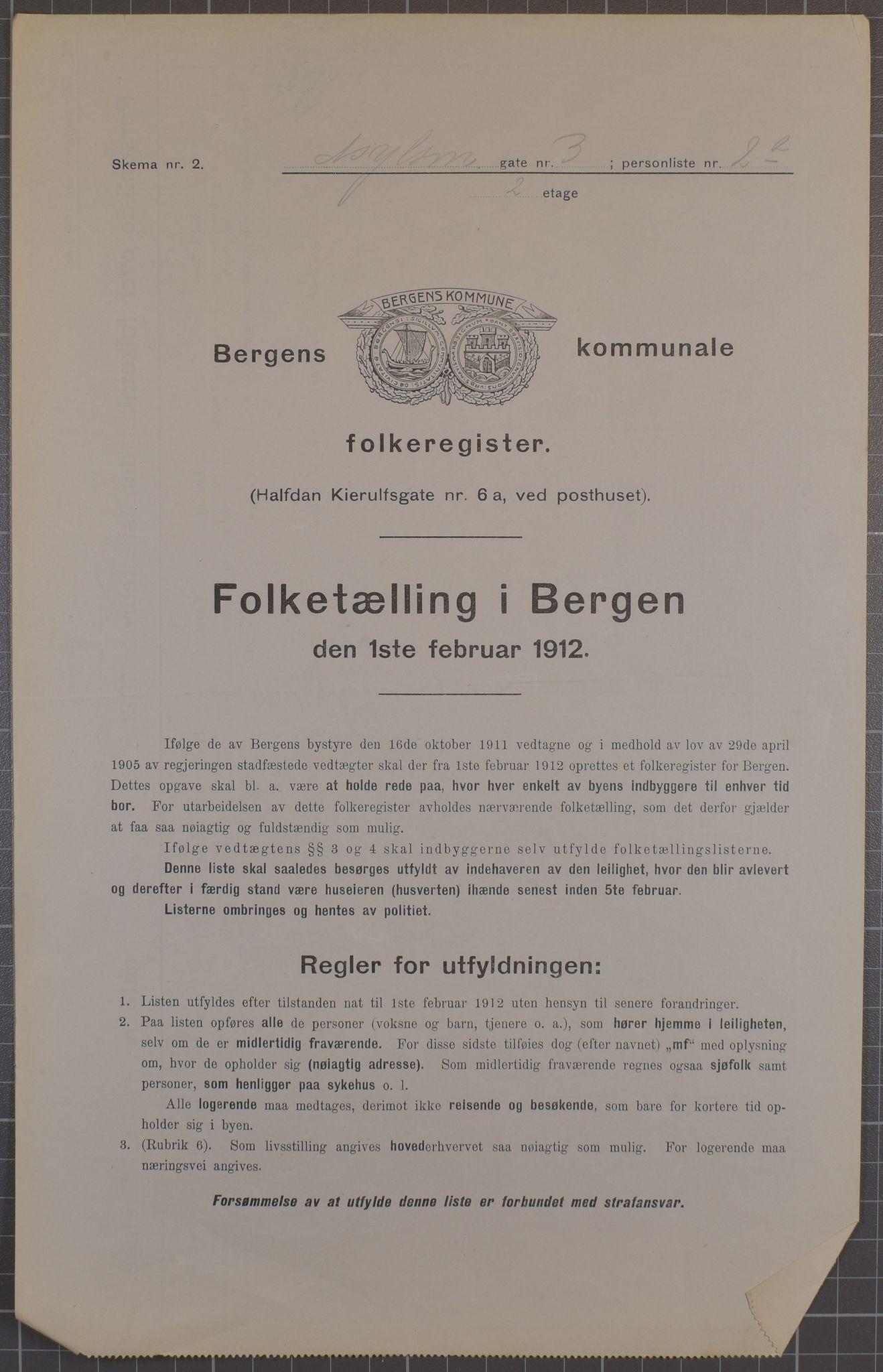 SAB, Municipal Census 1912 for Bergen, 1912, p. 1719