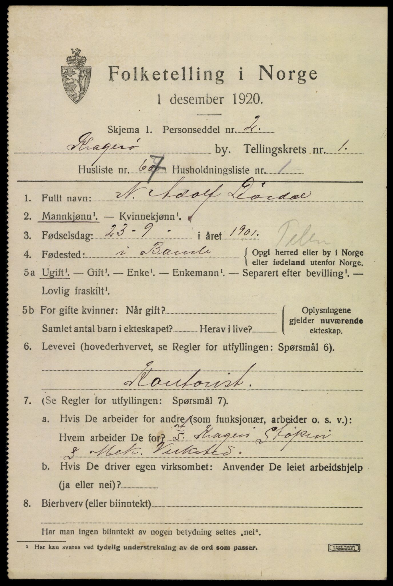 SAKO, 1920 census for Kragerø, 1920, p. 4967