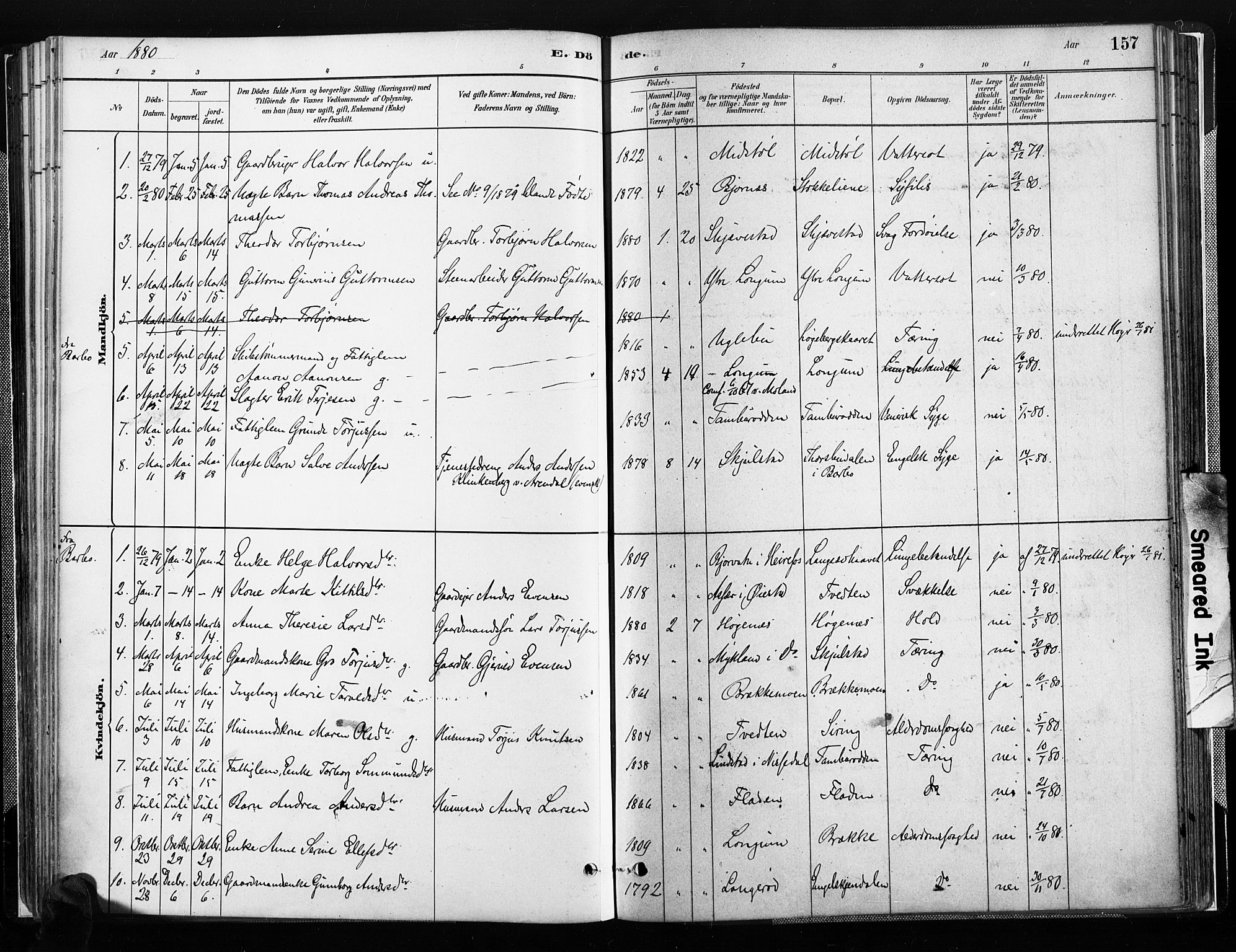 Austre Moland sokneprestkontor, SAK/1111-0001/F/Fa/Faa/L0010: Parish register (official) no. A 10, 1880-1904, p. 157