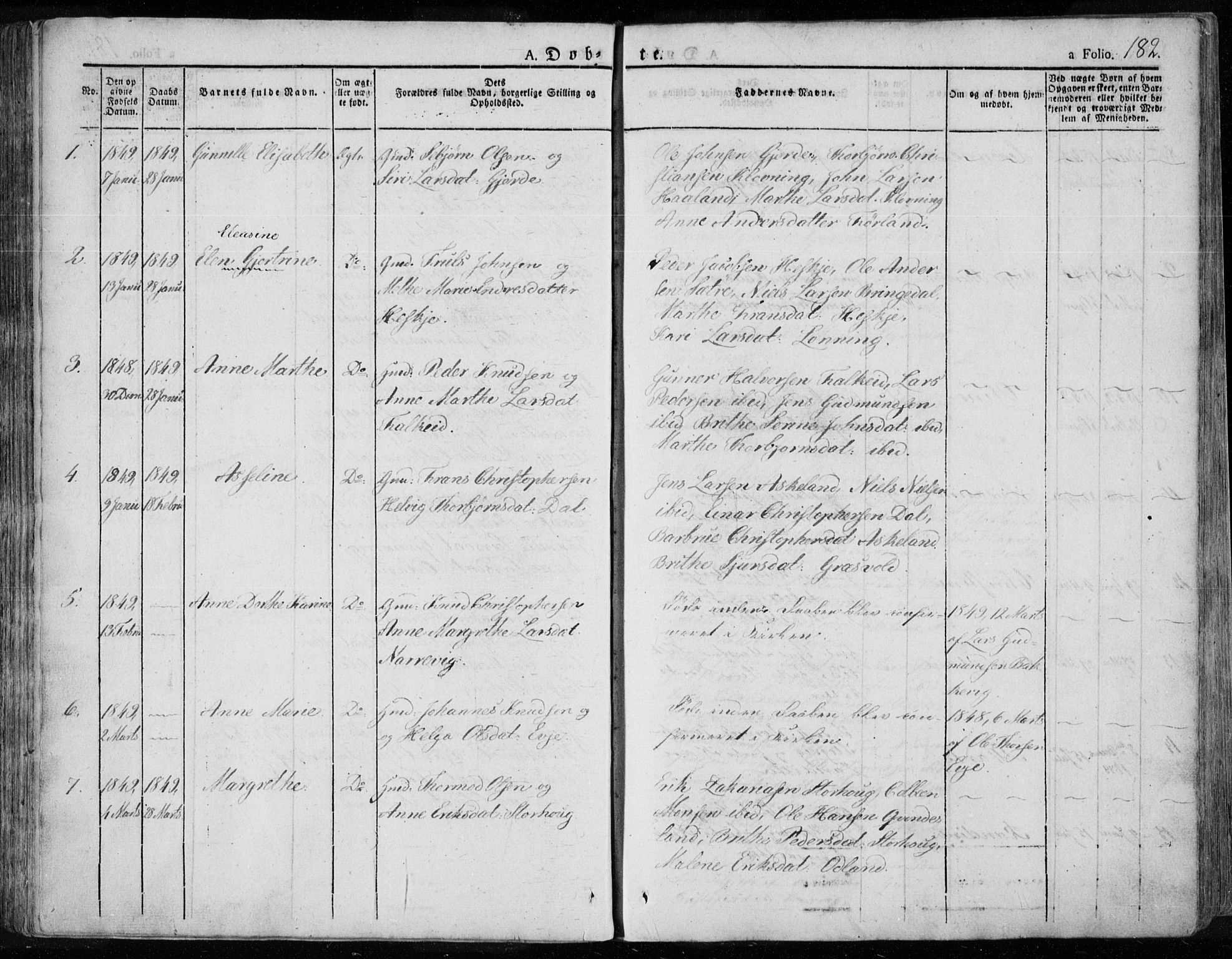 Tysvær sokneprestkontor, AV/SAST-A -101864/H/Ha/Haa/L0001: Parish register (official) no. A 1.1, 1831-1856, p. 182