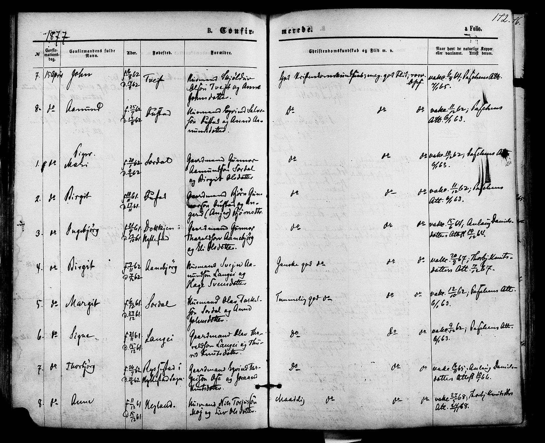 Bygland sokneprestkontor, AV/SAK-1111-0006/F/Fa/Fab/L0006: Parish register (official) no. A 6, 1873-1884, p. 172