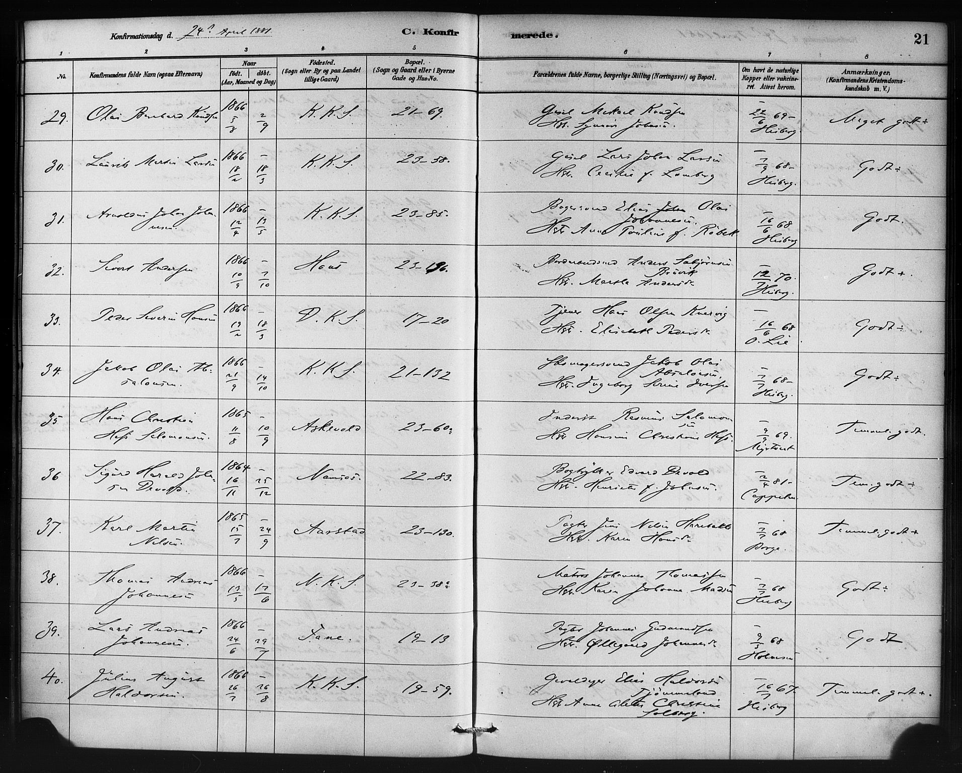 Korskirken sokneprestembete, AV/SAB-A-76101/H/Haa/L0029: Parish register (official) no. C 5, 1880-1892, p. 21