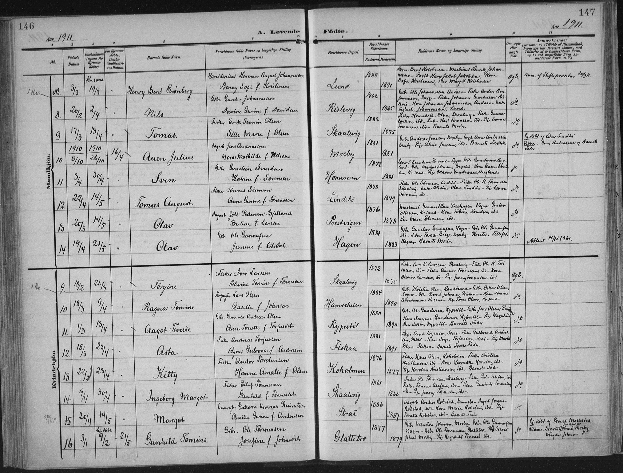 Oddernes sokneprestkontor, AV/SAK-1111-0033/F/Fa/Faa/L0011: Parish register (official) no. A 11, 1904-1911, p. 146-147