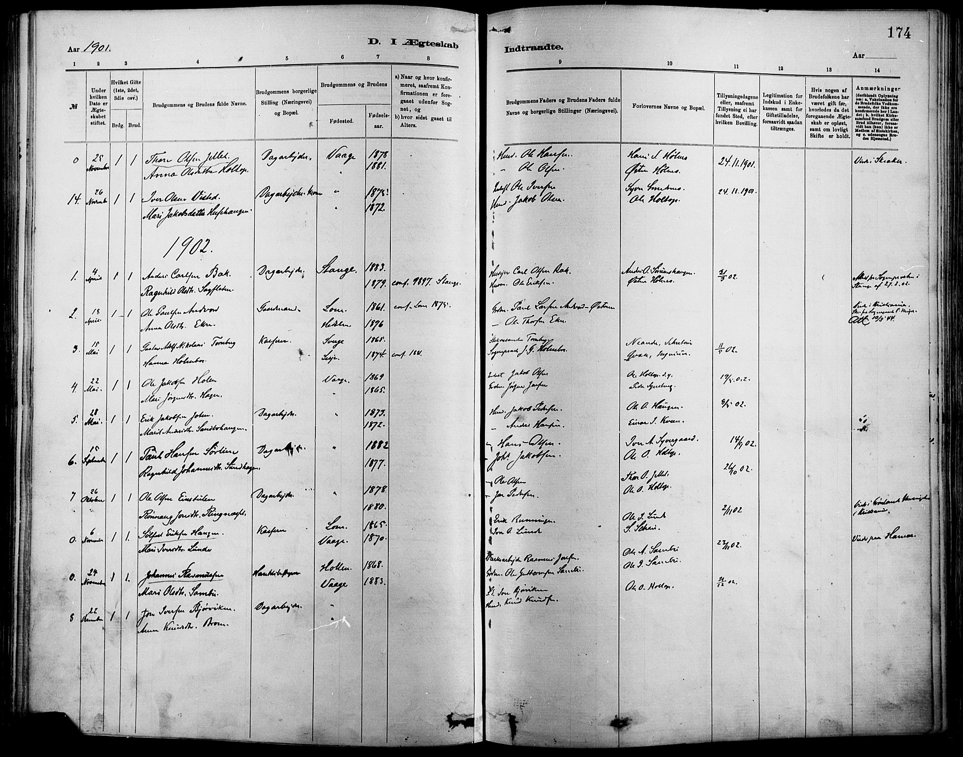 Vågå prestekontor, SAH/PREST-076/H/Ha/Haa/L0009: Parish register (official) no. 9, 1886-1904, p. 174