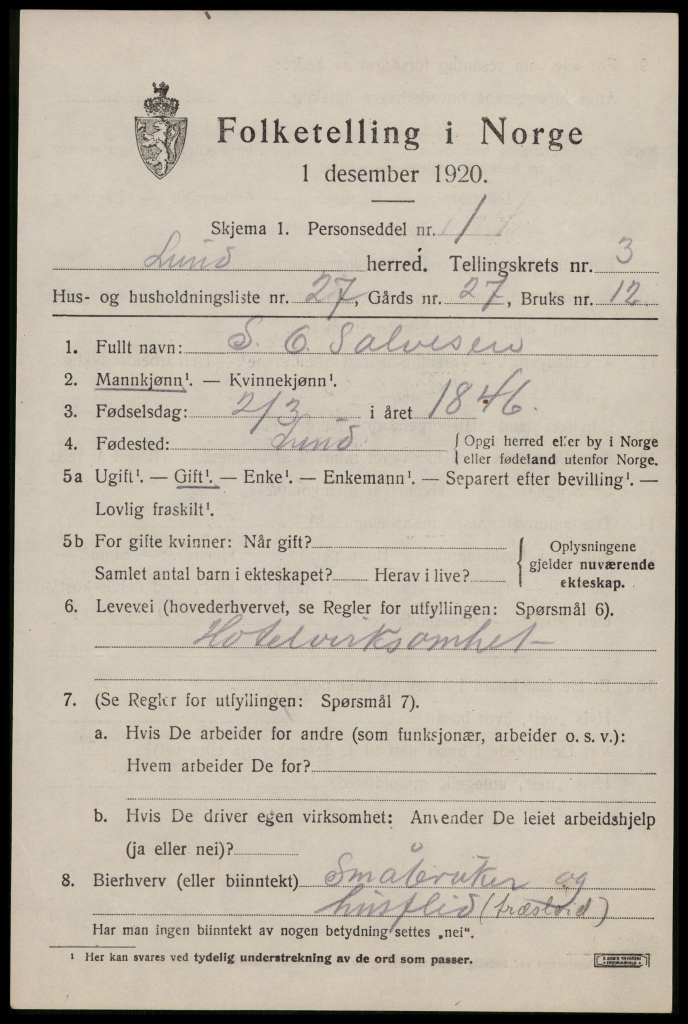 SAST, 1920 census for Lund, 1920, p. 1590