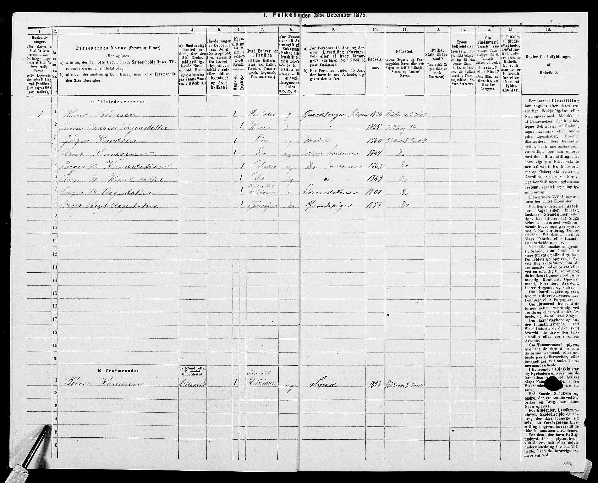 SAK, 1875 census for 1013P Tveit, 1875, p. 1186