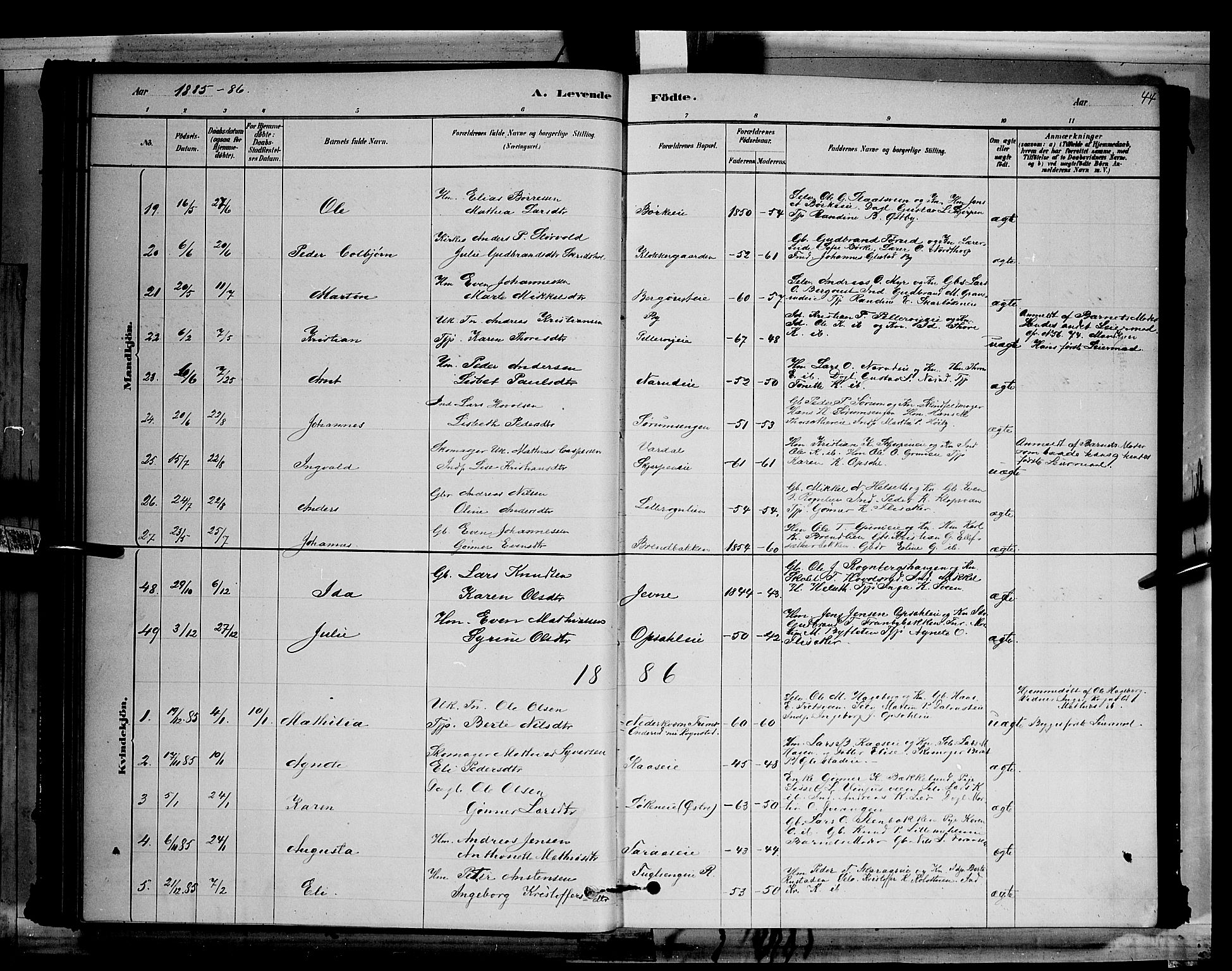 Ringsaker prestekontor, AV/SAH-PREST-014/L/La/L0011: Parish register (copy) no. 11, 1879-1890, p. 44