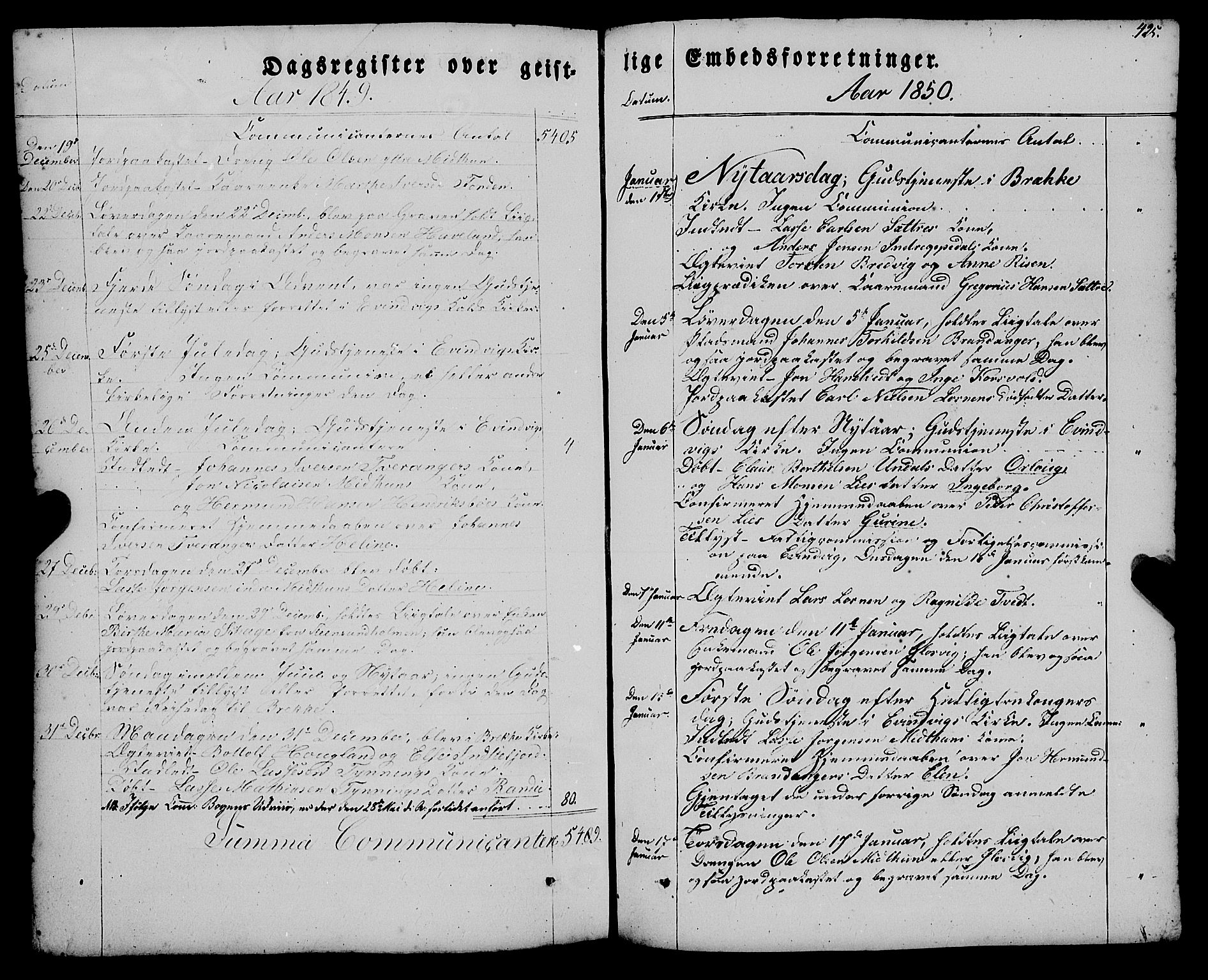 Gulen sokneprestembete, AV/SAB-A-80201/H/Haa/Haaa/L0021: Parish register (official) no. A 21, 1848-1858, p. 425